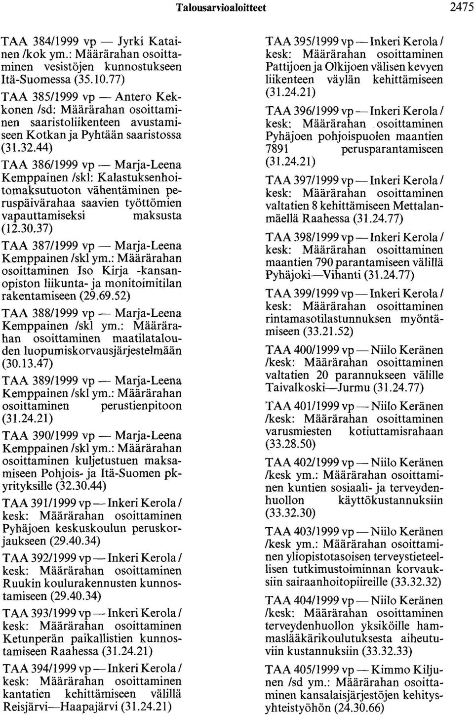 44) TAA 386/1999 vp- Marja-Leena Kemppainen /skl: Kalastuksenhoitomaksutuoton vähentäminen peruspäivärahaa saavien työttömien vapauttamiseksi maksusta (12.30.