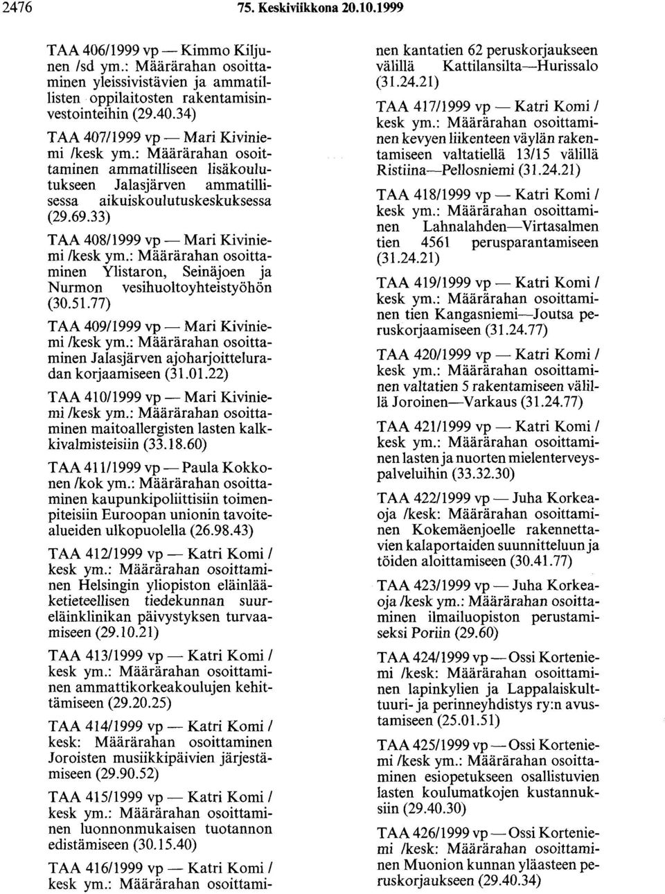 22) TAA 410/1999 vp- Mari Kiviniemi / maitoallergisten lasten kalkkivalmisteisiin (33.18.60) TAA 411/1999 vp- Paula Kokkonen!kok ym.
