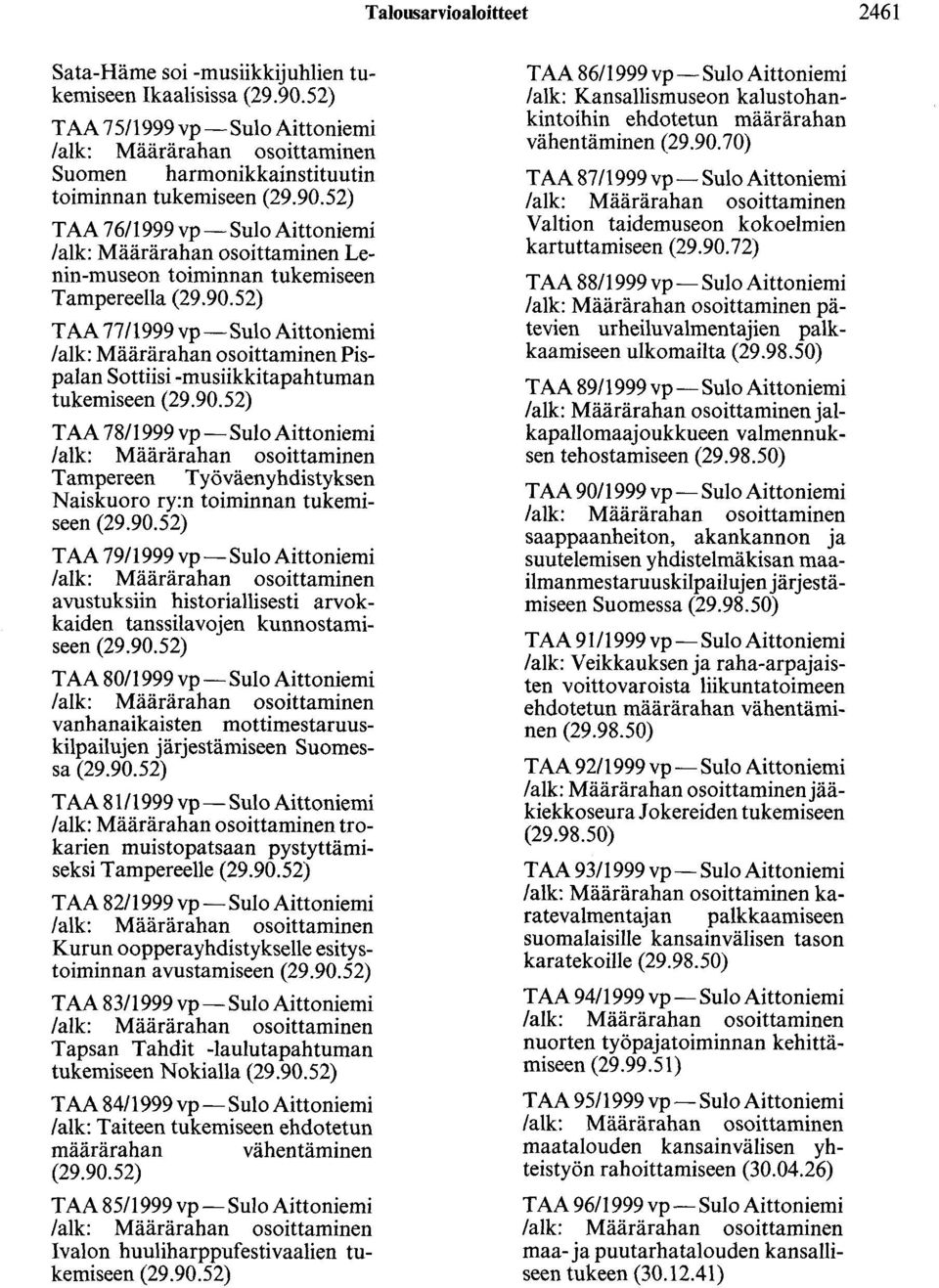 90.52) T AA 80/1999 vp-sulo Aittoniemi vanhanaikaisten mottimestaruuskilpai1ujen järjestämiseen Suomessa (29.90.52) T AA 81/1999 vp-sulo Aittoniemi trokarien muistopatsaan pystyttämiseksi Tampereelle (29.