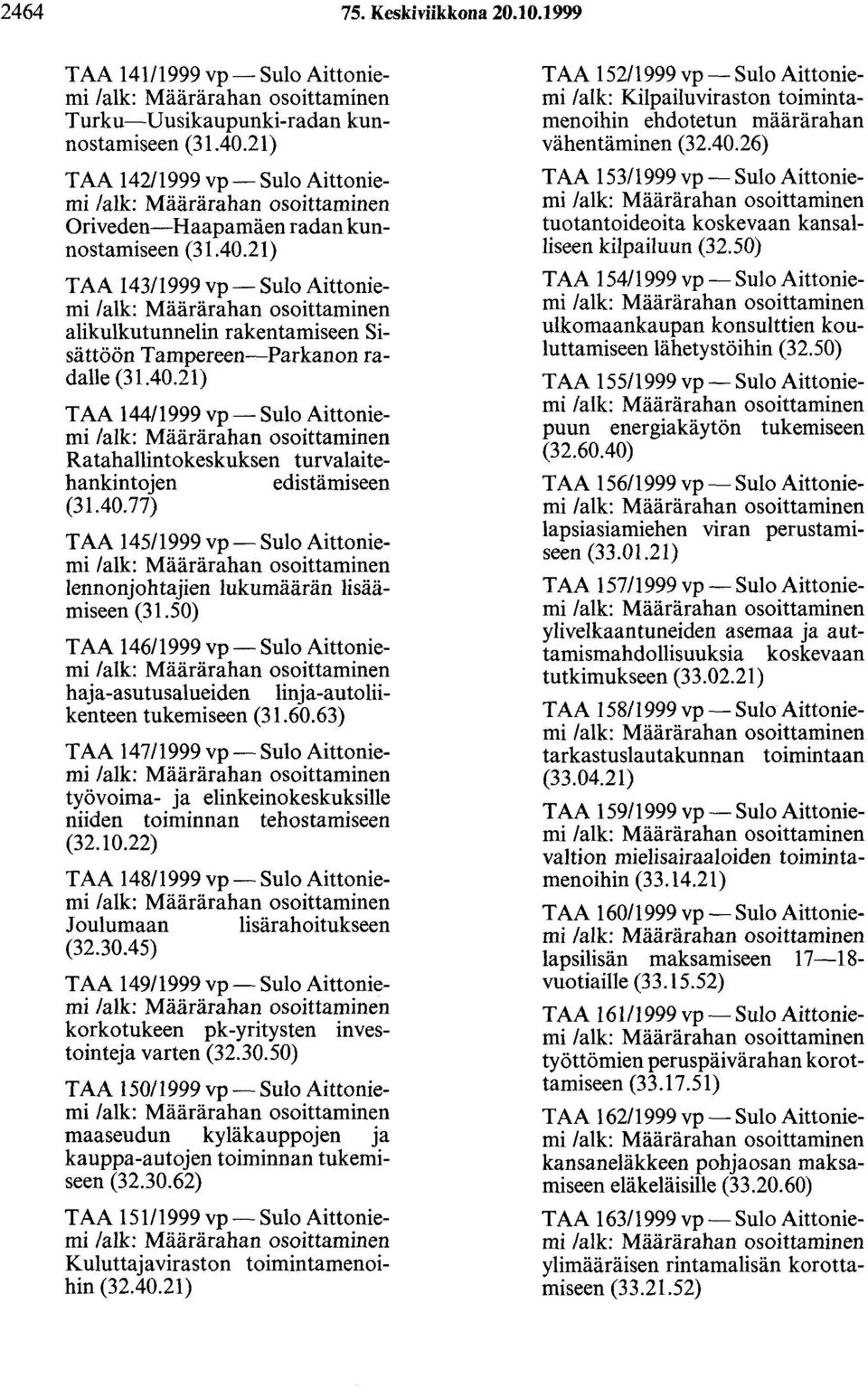 40.77) TAA 145/1999 vp- Sulo Aitioniemi lennonjohtajien lukumäärän lisäämiseen (31.50) T AA 146/1999 vp- Sulo Aitioniemi haja-asutusalueiden linja-autoliikenteen tukemiseen (31.60.