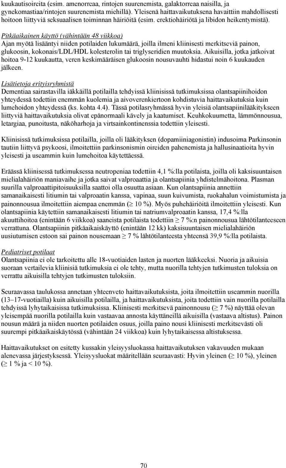 Pitkäaikainen käyttö (vähintään 48 viikkoa) Ajan myötä lisääntyi niiden potilaiden lukumäärä, joilla ilmeni kliinisesti merkitseviä painon, glukoosin, kokonais/ldl/hdl kolesterolin tai triglyseridien