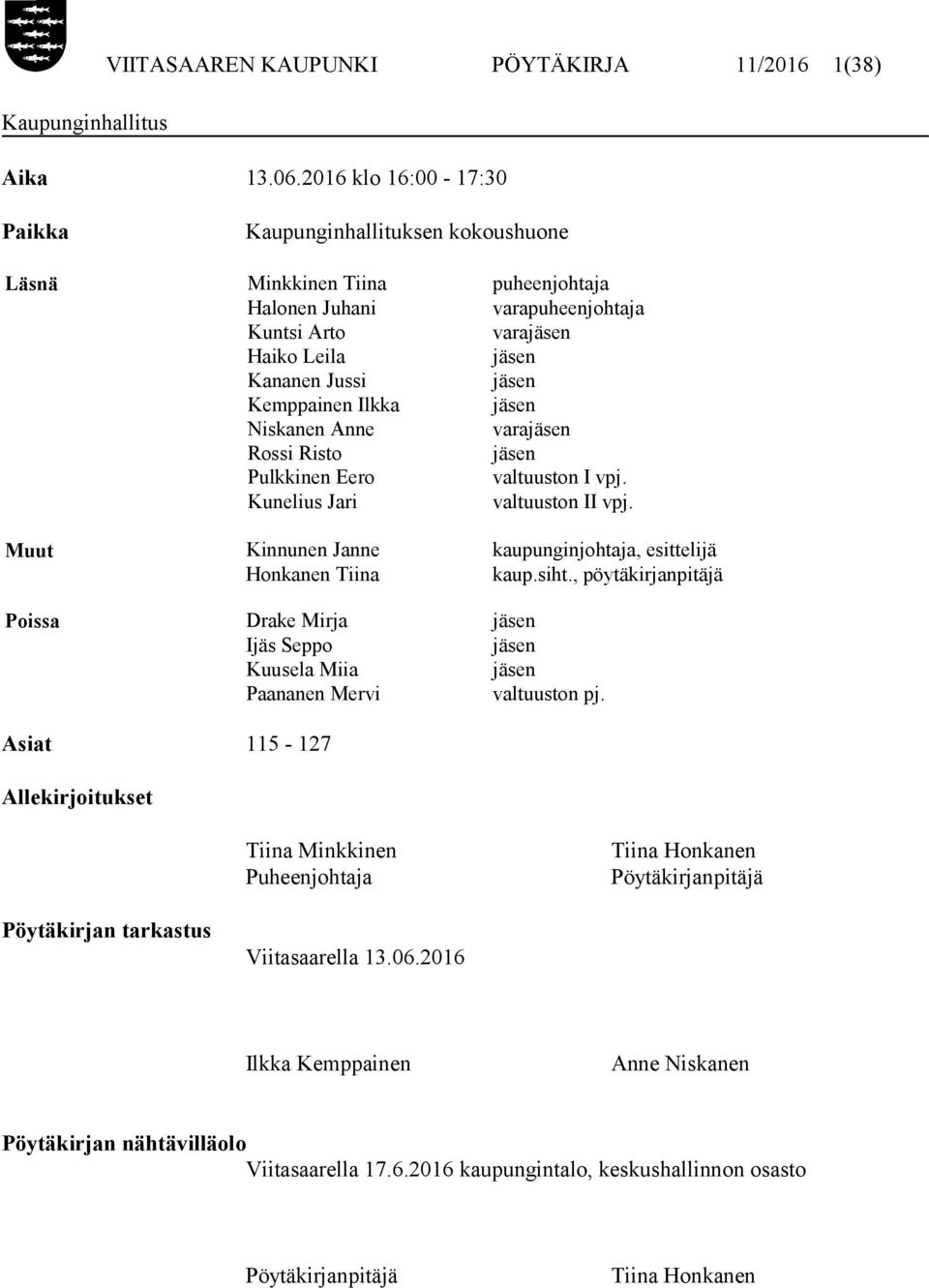 Kemppainen Ilkka jäsen Niskanen Anne varajäsen Rossi Risto jäsen Pulkkinen Eero valtuuston I vpj. Kunelius Jari valtuuston II vpj. Muut Kinnunen Janne kaupunginjohtaja, esittelijä Honkanen Tiina kaup.