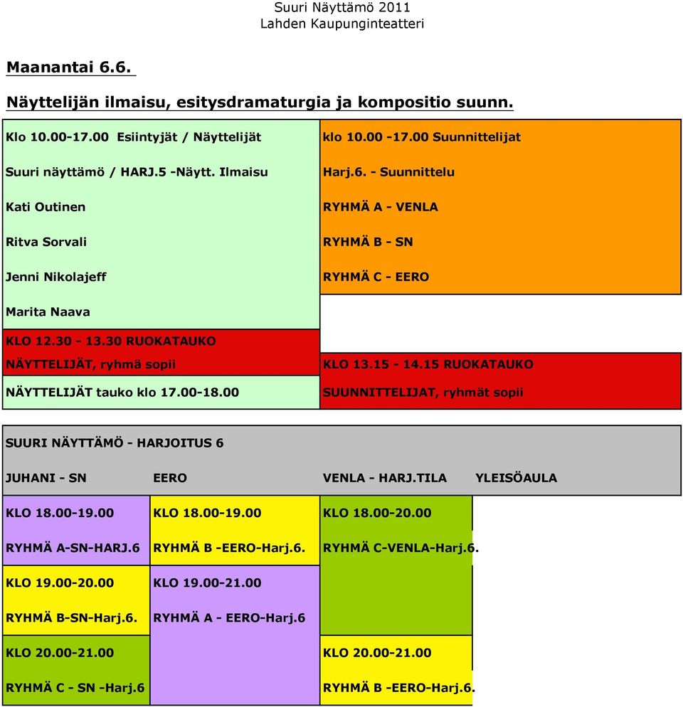 30 RUOKATAUKO NÄYTTELIJÄT, ryhmä sopii NÄYTTELIJÄT tauko klo 17.00-18.00 KLO 13.15-14.15 RUOKATAUKO SUUNNITTELIJAT, ryhmät sopii SUURI NÄYTTÄMÖ - HARJOITUS 6 KLO 18.00-19.00 KLO 18.