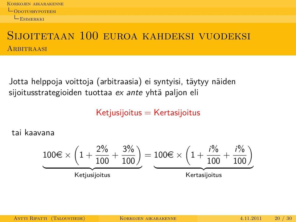 kaavana ( 100e 1 + 2% 100 + 3% ) 100 } {{ } Ketjusijoitus Ketjusijoitus = Kertasijoitus ( = 100e 1 +