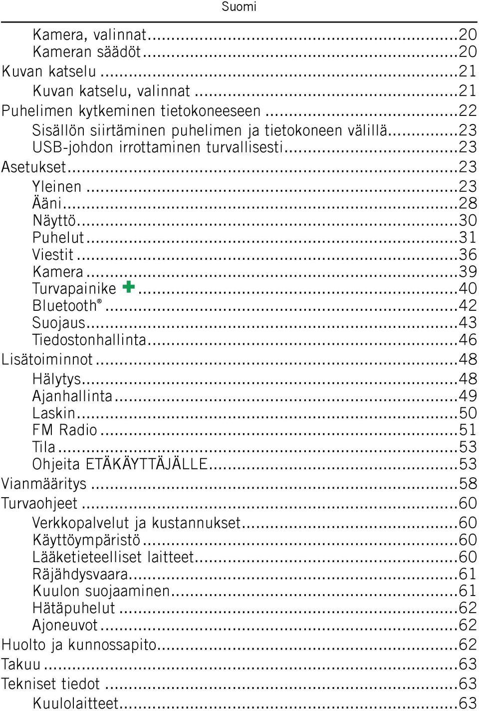 ..43 Tiedostonhallinta...46 Lisätoiminnot...48 Hälytys...48 Ajanhallinta...49 Laskin...50 FM Radio...51 Tila...53 Ohjeita ETÄKÄYTTÄJÄLLE...53 Vianmääritys...58 Turvaohjeet.