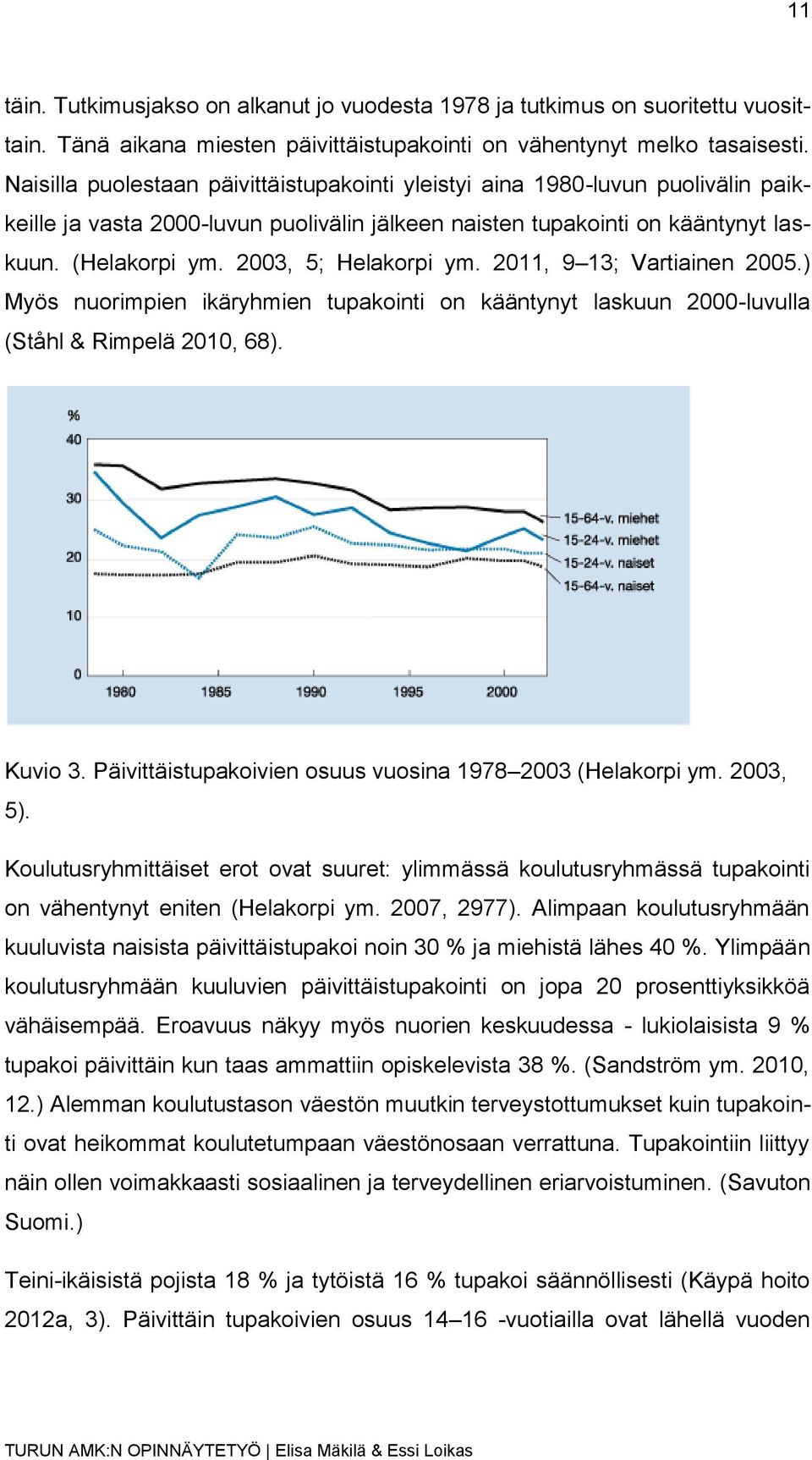 2003, 5; Helakorpi ym. 2011, 9 13; Vartiainen 2005.) Myös nuorimpien ikäryhmien tupakointi on kääntynyt laskuun 2000-luvulla (Ståhl & Rimpelä 2010, 68). Kuvio 3.