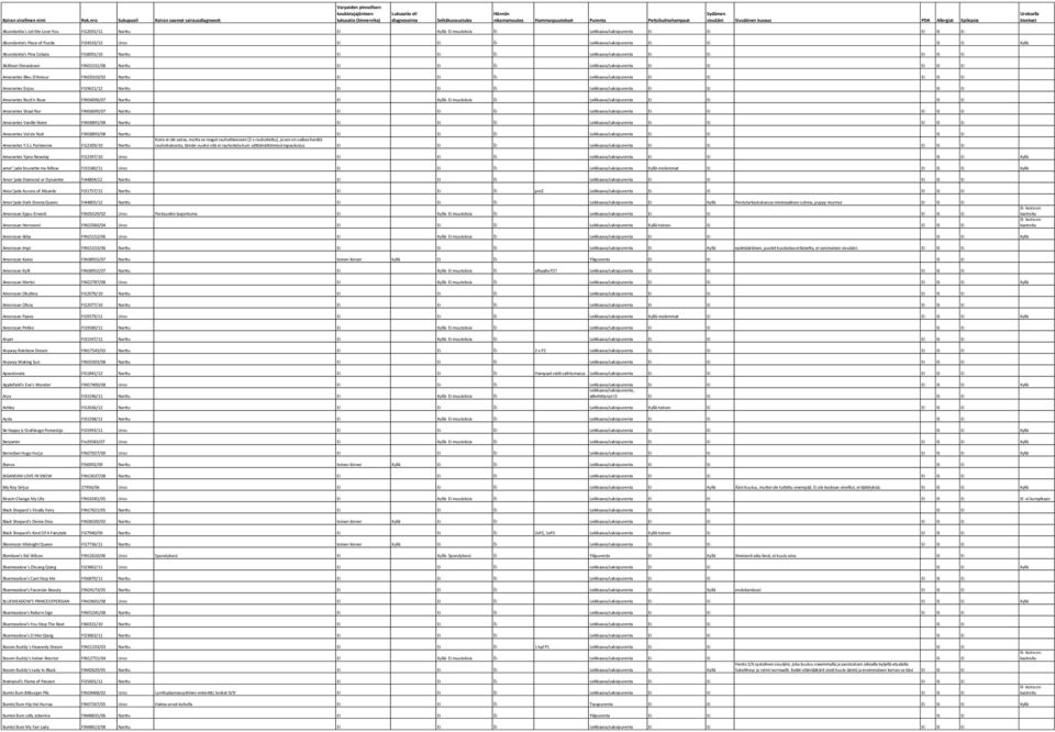 nro Sukupuoli Koiran saamat sairausdiagnoosit Selkäkuvaustulos Sivuäänen kuvaus PDA Allergiat Epilepsia Abundantia s Let Me Love You FI12035/11 Narttu Ei Kyllä- Ei muutoksia Èi Leikkaava/saksipurenta