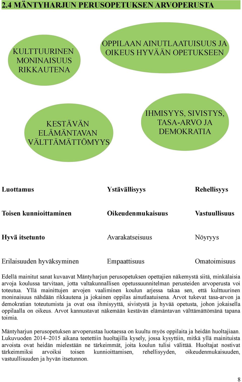 Edellä mainitut sanat kuvaavat Mäntyharjun perusopetuksen opettajien näkemystä siitä, minkälaisia arvoja koulussa tarvitaan, jotta valtakunnallisen opetussuunnitelman perusteiden arvoperusta voi