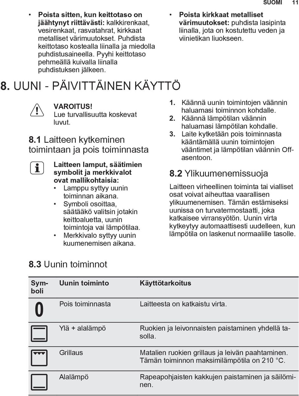 Lue turvallisuutta koskevat luvut. 8.1 Laitteen kytkeminen toimintaan ja pois toiminnasta Laitteen lamput, säätimien symbolit ja merkkivalot ovat mallikohtaisia: Lamppu syttyy uunin toiminnan aikana.