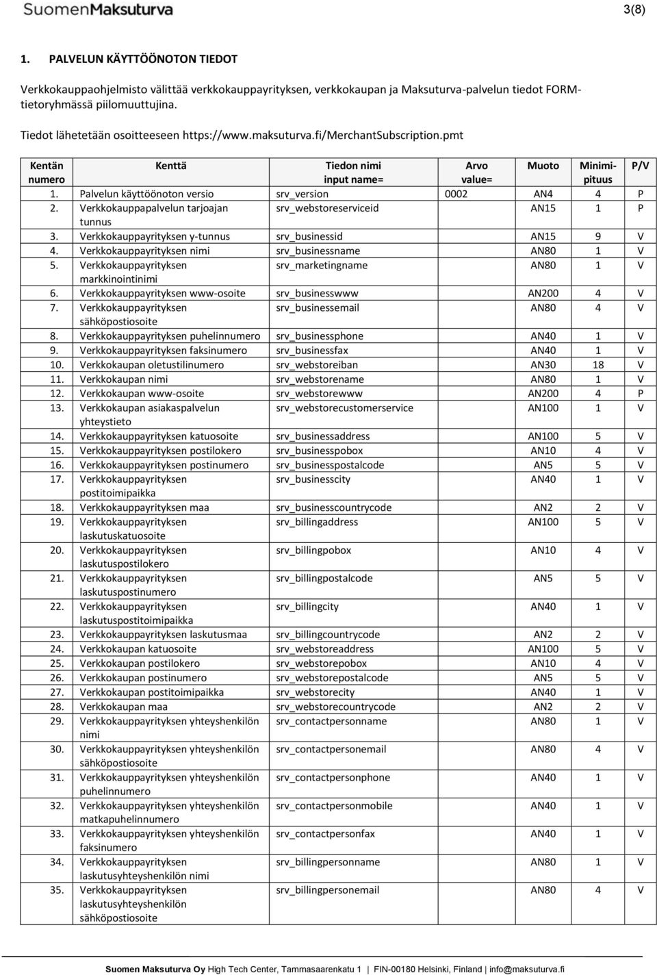 Palvelun käyttöönoton versio srv_version 0002 AN4 4 P 2. Verkkokauppapalvelun tarjoajan srv_webstoreserviceid AN15 1 P tunnus 3. Verkkokauppayrityksen y-tunnus srv_businessid AN15 9 V 4.