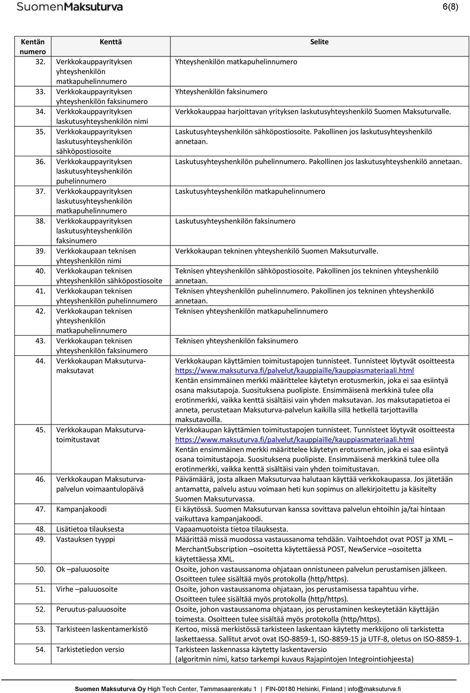 Verkkokaupan teknisen yhteyshenkilön puhelin 42. Verkkokaupan teknisen yhteyshenkilön matkapuhelin 43. Verkkokaupan teknisen yhteyshenkilön faksi 44. Verkkokaupan Maksuturvamaksutavat 45.