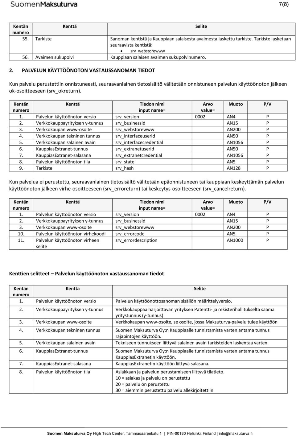 PALVELUN KÄYTTÖÖNOTON VASTAUSSANOMAN TIEDOT Kun palvelu perustettiin onnistuneesti, seuraavanlainen tietosisältö välitetään onnistuneen palvelun käyttöönoton jälkeen ok-osoitteeseen (srv_okreturn).