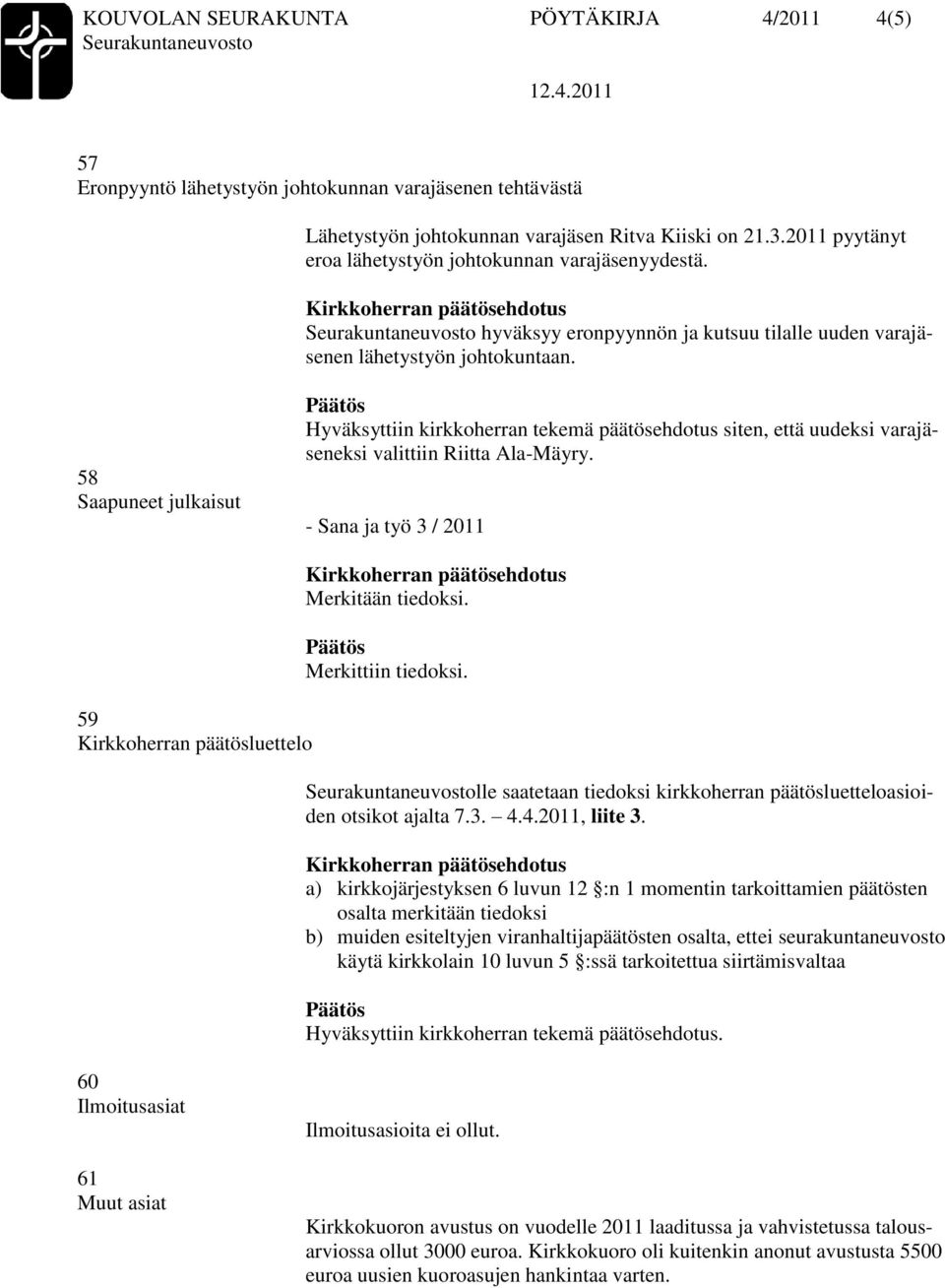 58 Saapuneet julkaisut Hyväksyttiin kirkkoherran tekemä päätösehdotus siten, että uudeksi varajäseneksi valittiin Riitta Ala-Mäyry.