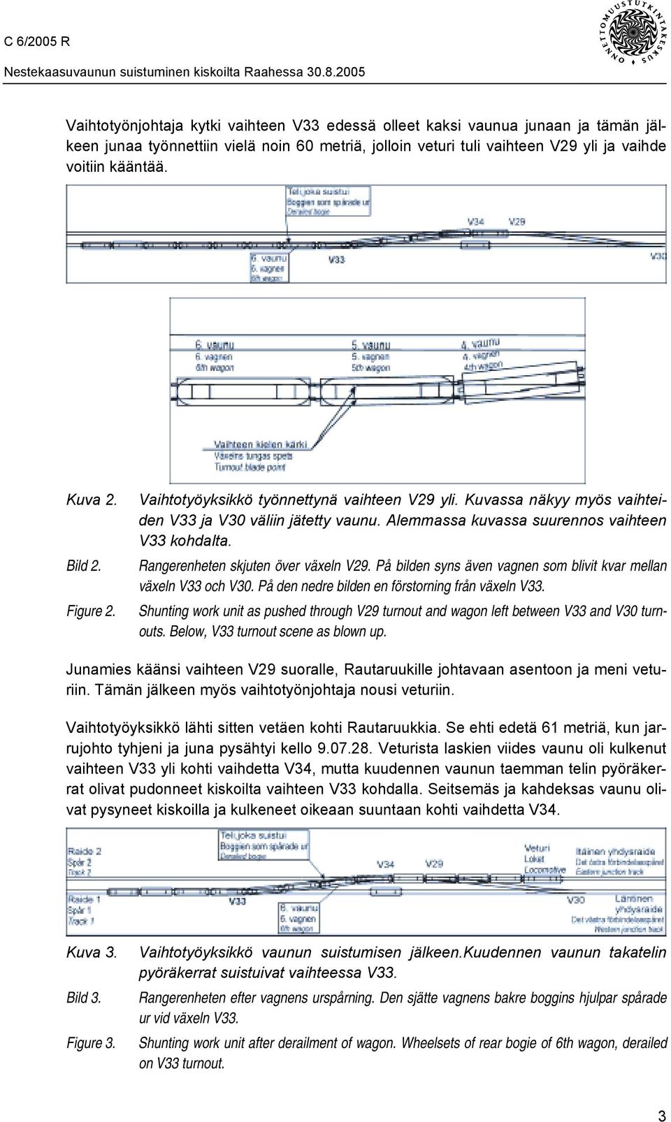 Rangerenheten skjuten över växeln V29. På bilden syns även vagnen som blivit kvar mellan växeln V33 och V30. På den nedre bilden en förstorning från växeln V33.