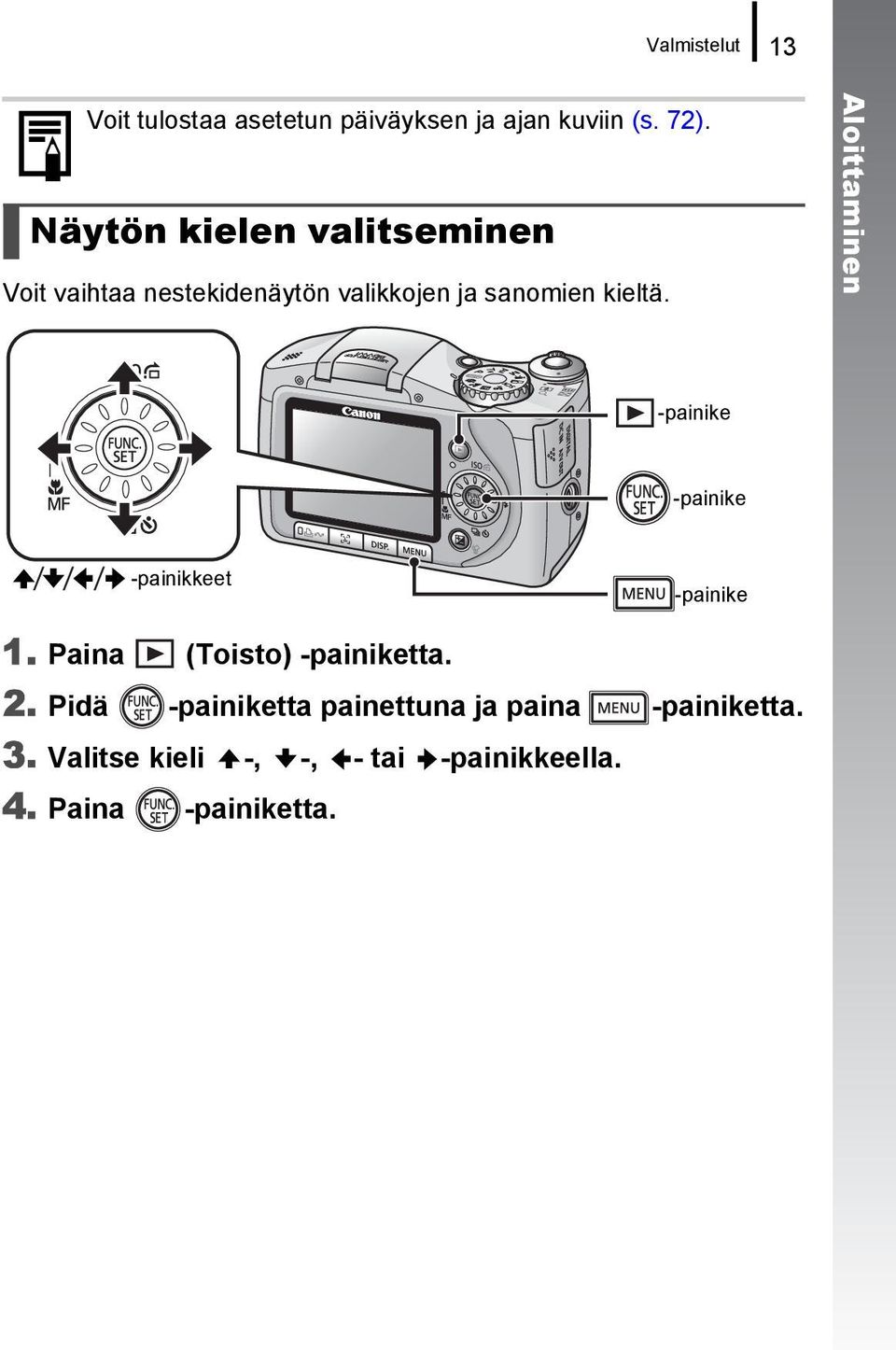 Aloittaminen -painike -painike -painikkeet -painike 1. Paina (Toisto) -painiketta. 2.