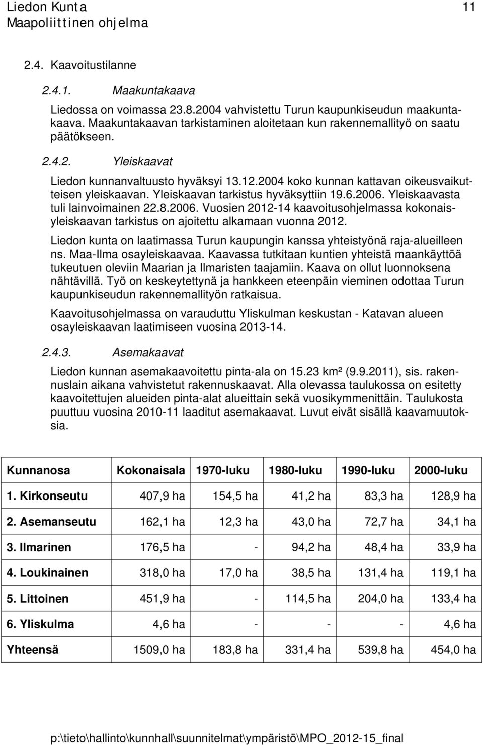 Yleiskaavan tarkistus hyväksyttiin 19.6.2006. Yleiskaavasta tuli lainvoimainen 22.8.2006. Vuosien 2012-14 kaavoitusohjelmassa kokonaisyleiskaavan tarkistus on ajoitettu alkamaan vuonna 2012.