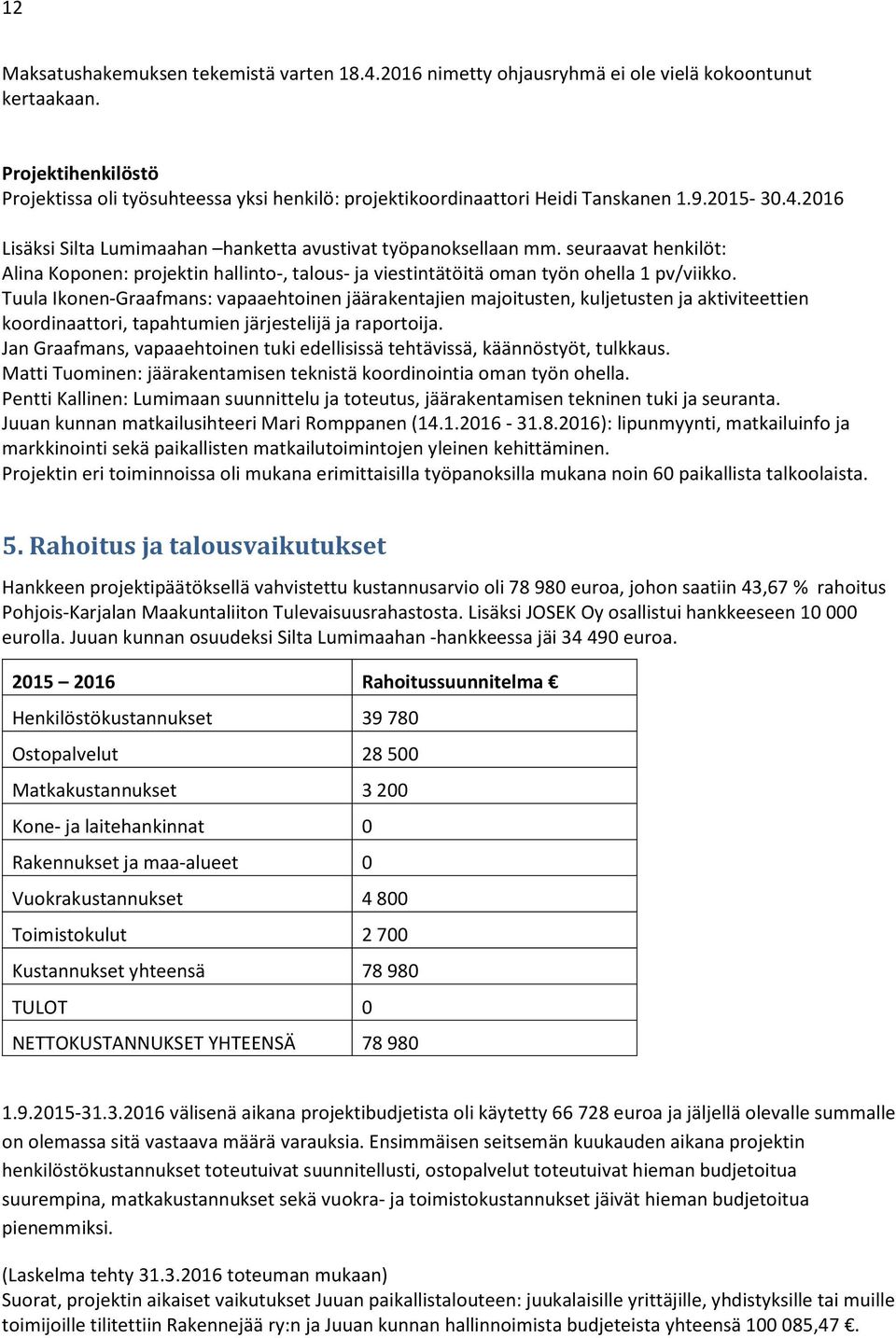 seuraavat henkilöt: Alina Koponen: projektin hallinto-, talous- ja viestintätöitä oman työn ohella 1 pv/viikko.