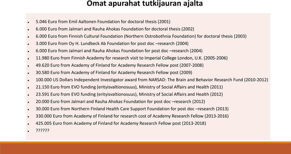 000 Euro from Jalmari and Rauha Ahokas Foundation for post doc research (2004) 11.980 Euro from Finnish Academy for research visit to Imperial College London, U.K. (2005-2006) 49.