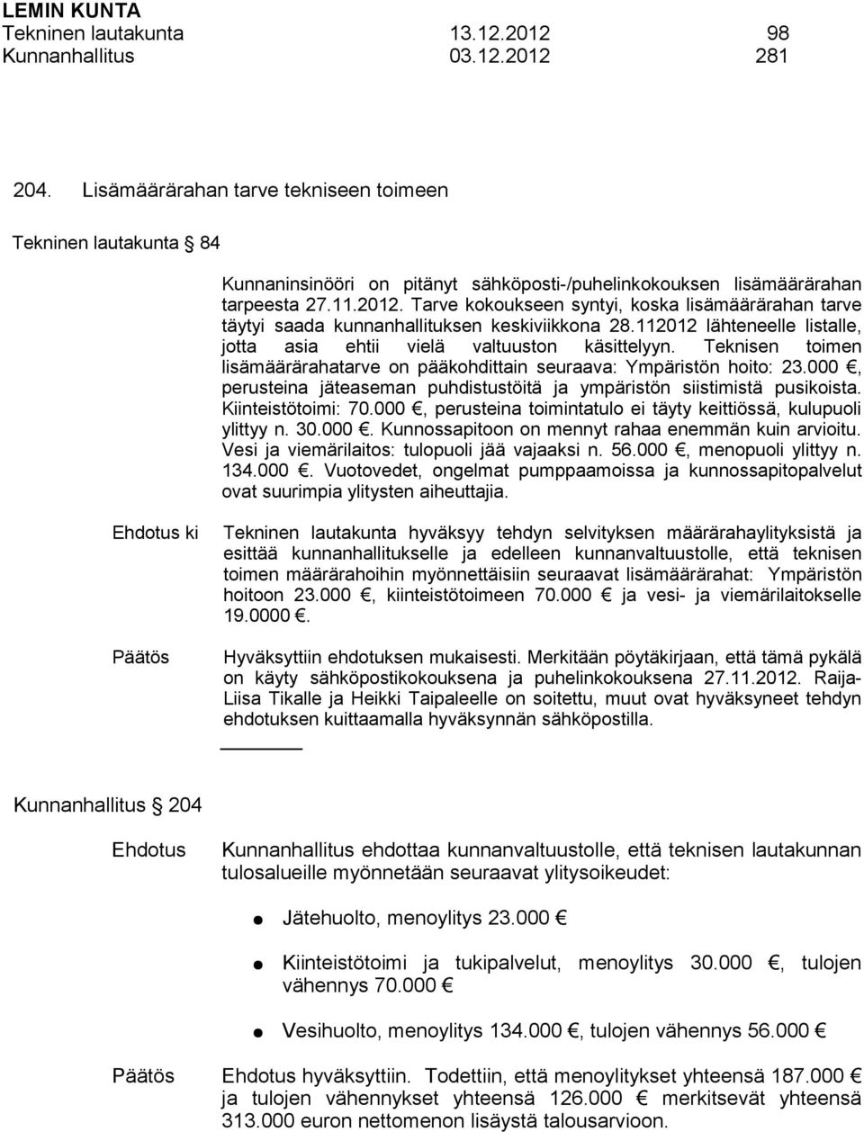 Tarve kokoukseen syntyi, koska lisämäärärahan tarve täytyi saada kunnanhallituksen keskiviikkona 28.112012 lähteneelle listalle, jotta asia ehtii vielä valtuuston käsittelyyn.