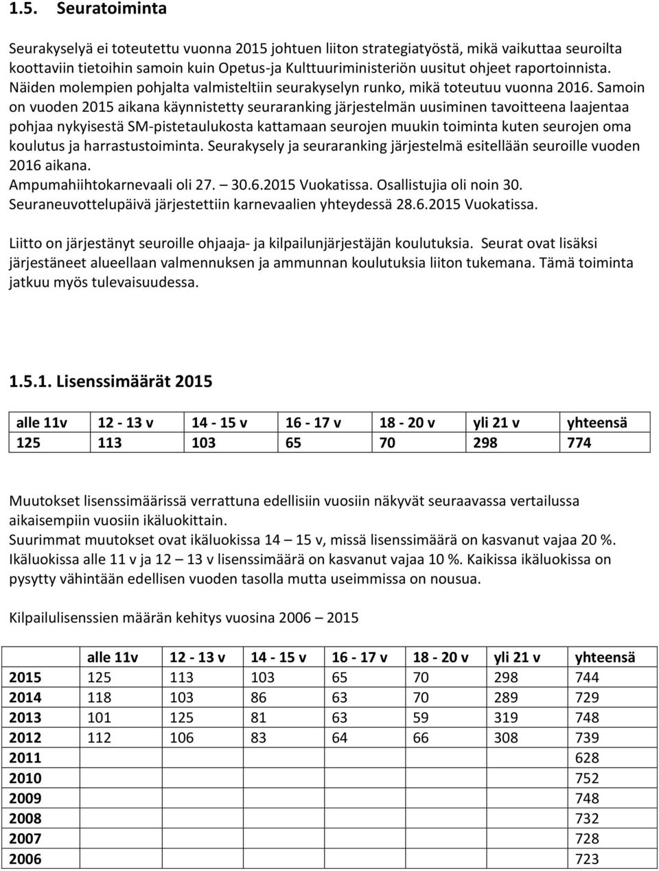 Samoin on vuoden 2015 aikana käynnistetty seuraranking järjestelmän uusiminen tavoitteena laajentaa pohjaa nykyisestä SM-pistetaulukosta kattamaan seurojen muukin toiminta kuten seurojen oma koulutus