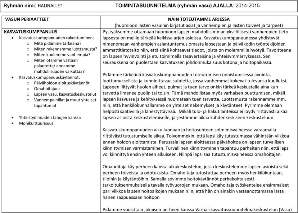Kasvatuskumppanuuskäytännöt: o Päivähoidon aloituskäytännöt o Omahoitajuus o Lapsen vasu, kasvatuskeskustelut o Vanhempainillat ja muut yhteiset tapahtumat Yhteistyö muiden tahojen kanssa