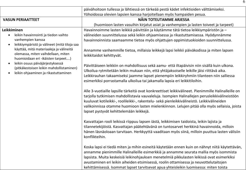 ) leikin osuus päiväjärjestyksessä (pitkäkestoisen leikin mahdollistaminen) leikin ohjaaminen ja rikastuttaminen päivähoitoon tullessa ja lähtiessä on tärkeää pestä kädet infektioiden välttämiseksi.