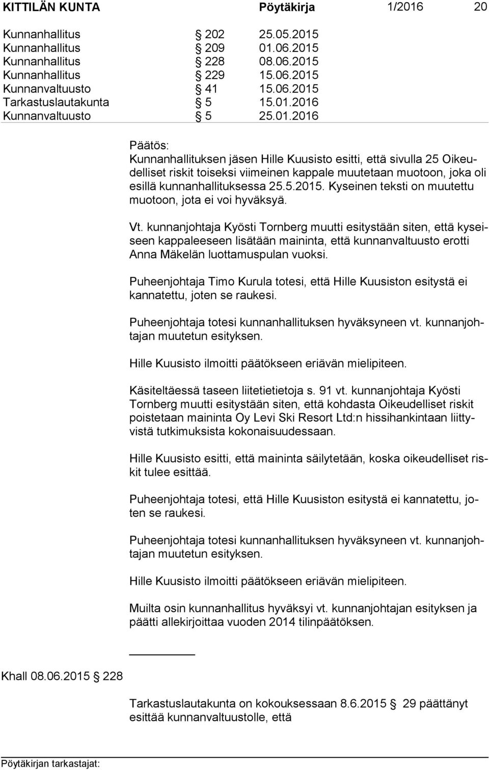 2015 228 Kunnanhallituksen jäsen Hille Kuusisto esitti, että sivulla 25 Oi keudel li set riskit toiseksi viimeinen kappale muutetaan muotoon, joka oli esil lä kunnanhallituksessa 25.5.2015. Kyseinen teksti on muutettu muo toon, jota ei voi hyväksyä.