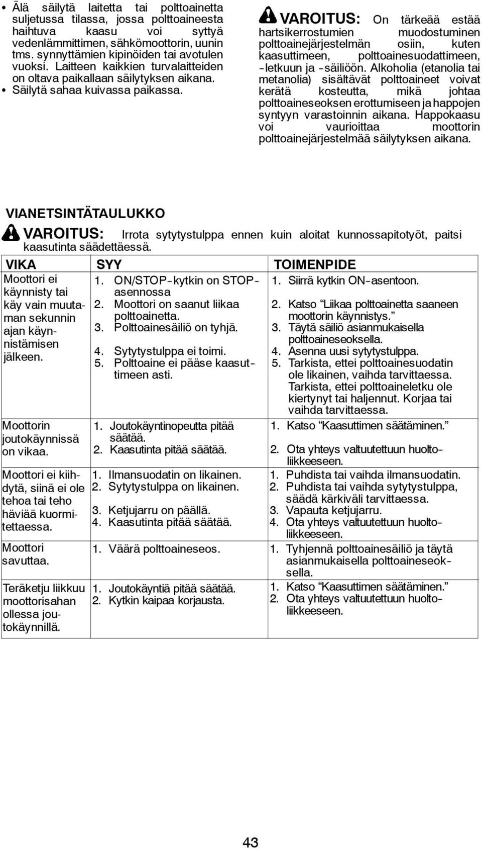 VAROITUS: On tärkeää estää hartsikerrostumien muodostuminen polttoainejärjestelmän osiin, kuten kaasuttimeen, polttoainesuodattimeen, -letkuun ja -säiliöön.