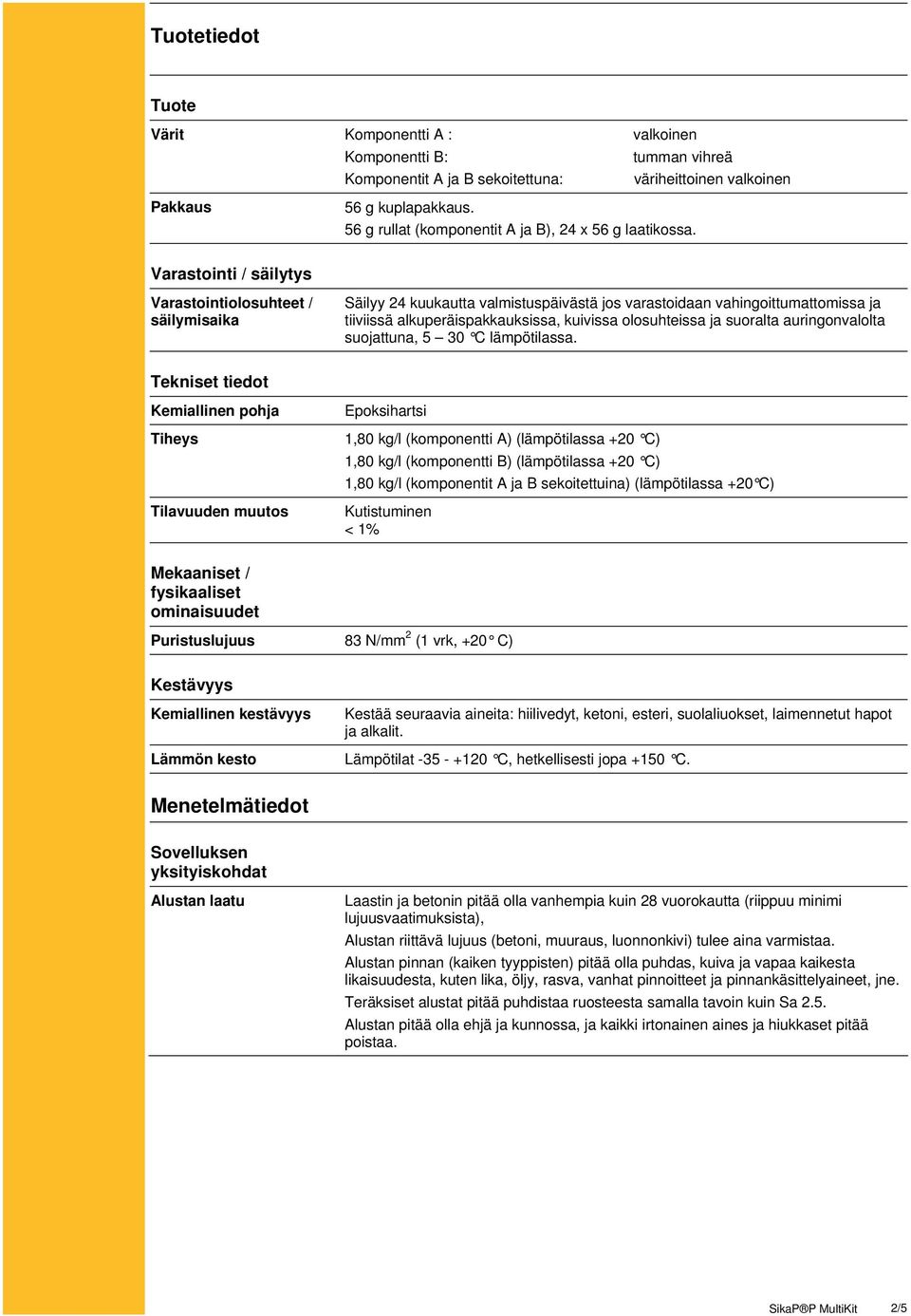 Varastointi / säilytys Varastointiolosuhteet / säilymisaika Säilyy 24 kuukautta valmistuspäivästä jos varastoidaan vahingoittumattomissa ja tiiviissä alkuperäispakkauksissa, kuivissa olosuhteissa ja