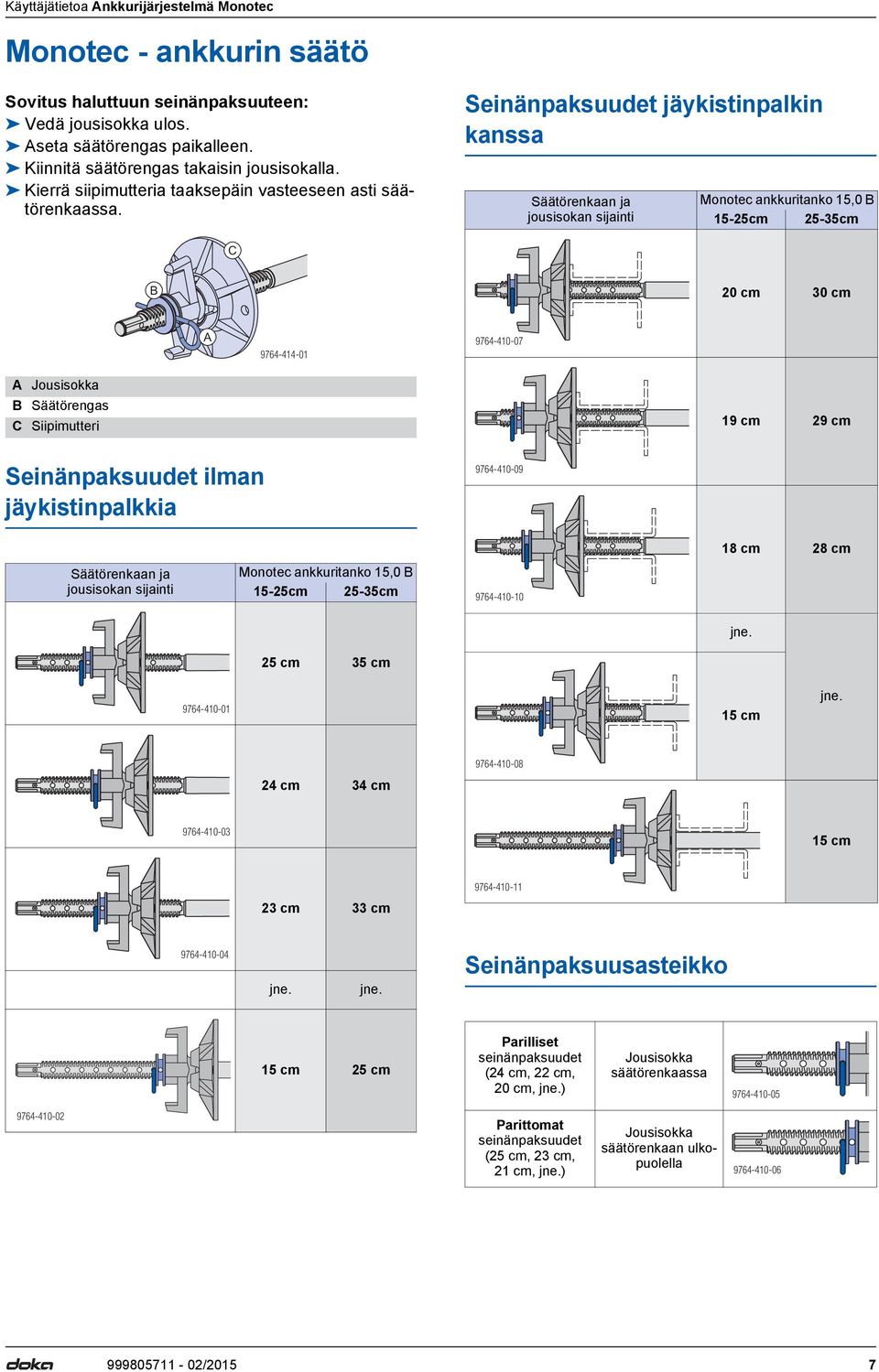 Seinänpksuudet jäykistinplkin knss Säätörenkn j jousisokn sijinti Monotec nkkuritnko 15,0 15-25cm 25-35cm 20 cm 30 cm 9764-414-01 9764-410-07 Jousisokk Säätörengs Siipimutteri 19 cm 29 cm