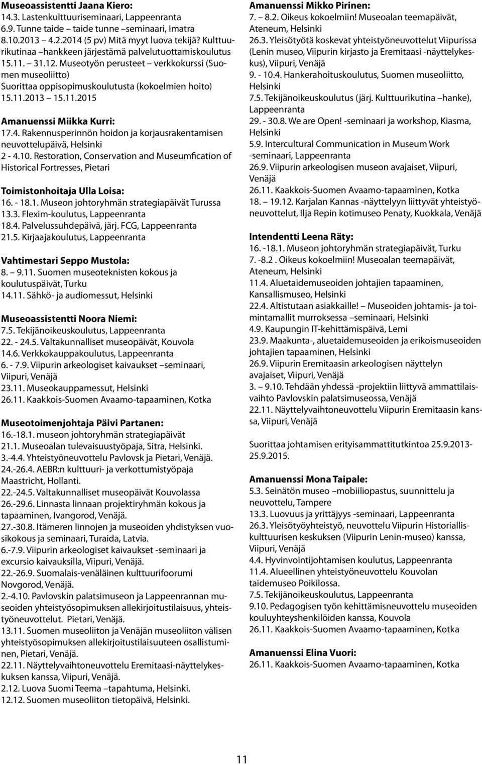4. Rakennusperinnön hoidon ja korjausrakentamisen neuvottelupäivä, Helsinki 2-4.10. Restoration, Conservation and Museumfication of Historical Fortresses, Pietari Toimistonhoitaja Ulla Loisa: 16.