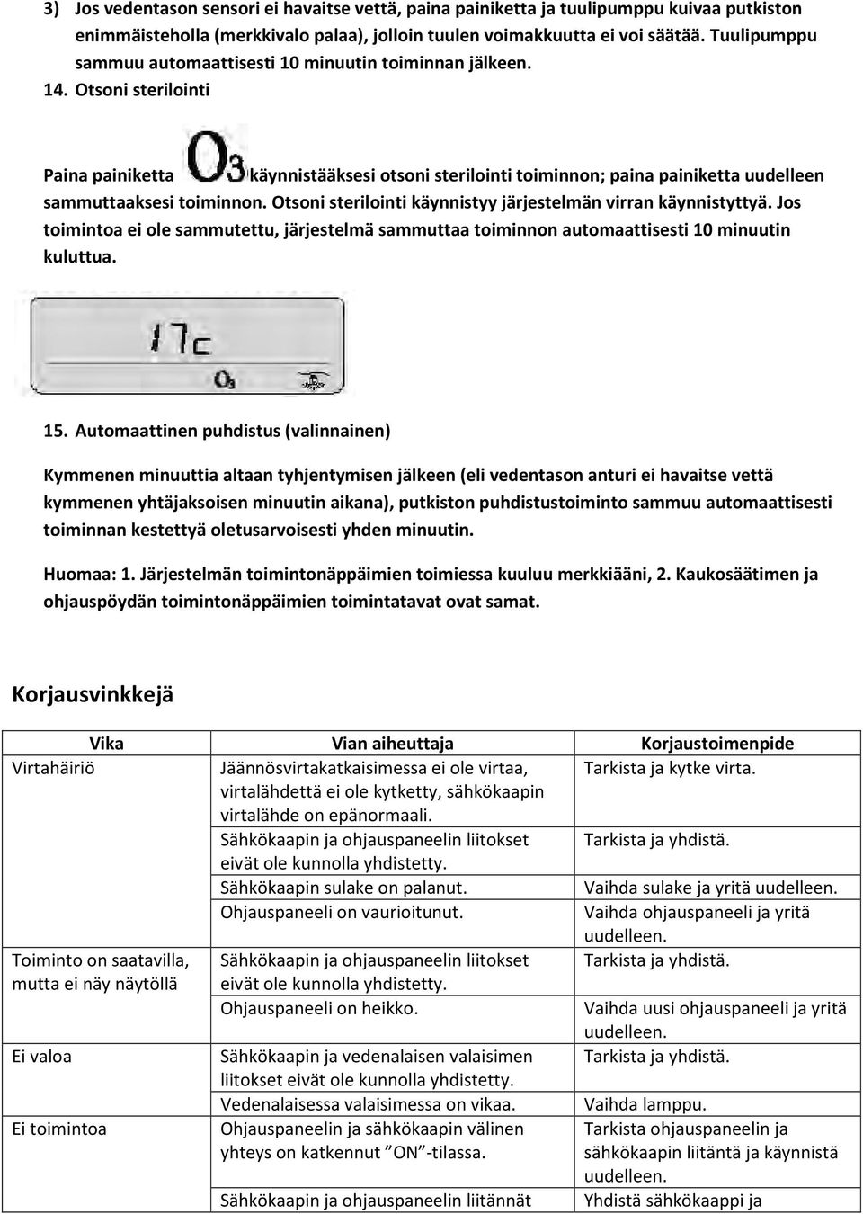 Otsoni sterilointi Paina painiketta käynnistääksesi otsoni sterilointi toiminnon; paina painiketta uudelleen sammuttaaksesi toiminnon. Otsoni sterilointi käynnistyy järjestelmän virran käynnistyttyä.