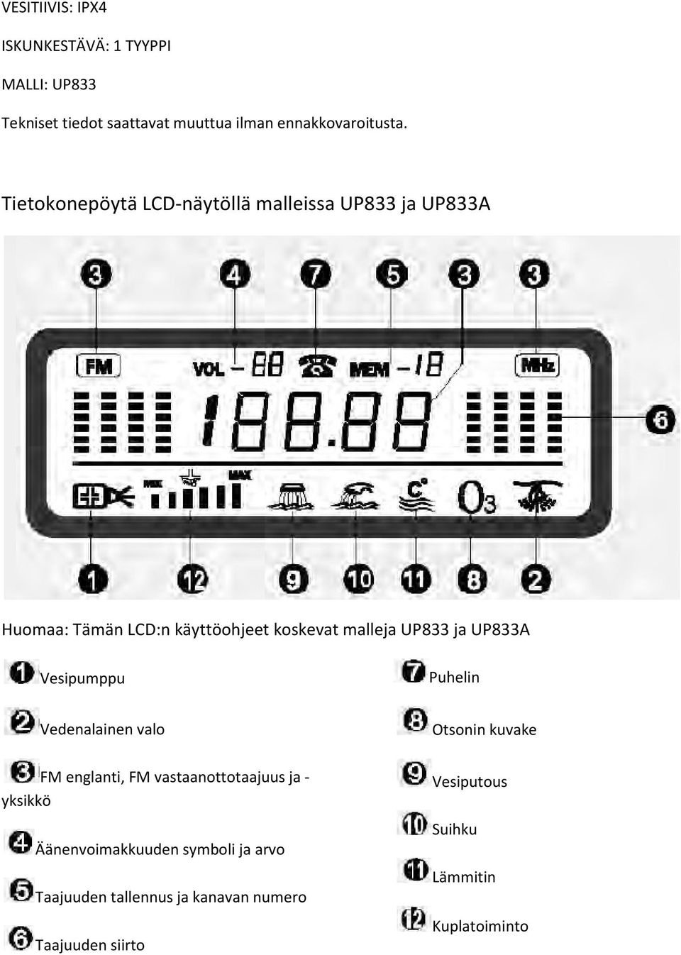 UP833A Vesipumppu Puhelin Vedenalainen valo Otsonin kuvake FM englanti, FM vastaanottotaajuus ja - yksikkö