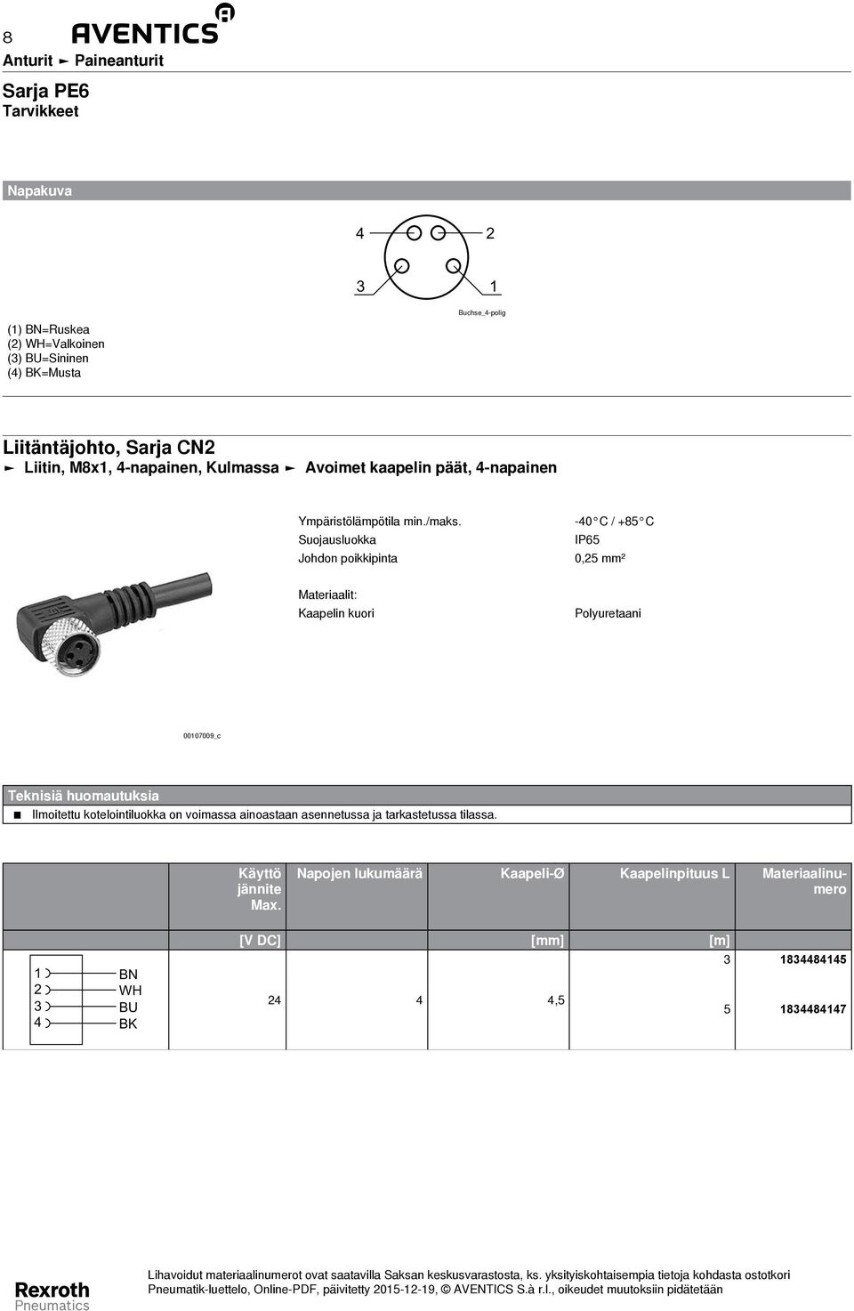 Suojausluokka Johdon poikkipinta -40 C / +85 C IP65 0,25 mm² Materiaalit: Kaapelin kuori Polyuretaani 00107009_c Teknisiä huomautuksia Ilmoitettu