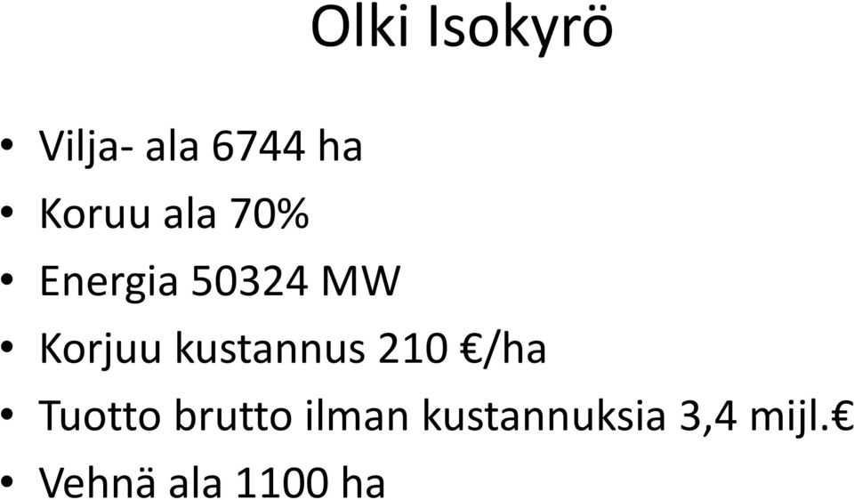 Korjuu kustannus 210 /ha Tuotto