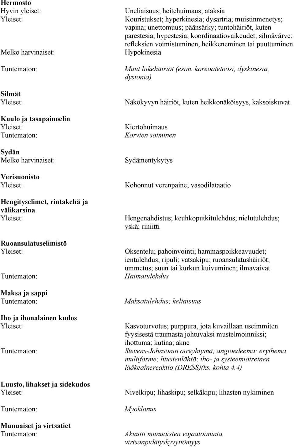 tuntohäiriöt, kuten parestesia; hypestesia; koordinaatiovaikeudet; silmävärve; refleksien voimistuminen, heikkeneminen tai puuttuminen Hypokinesia Muut liikehäiriöt (esim.