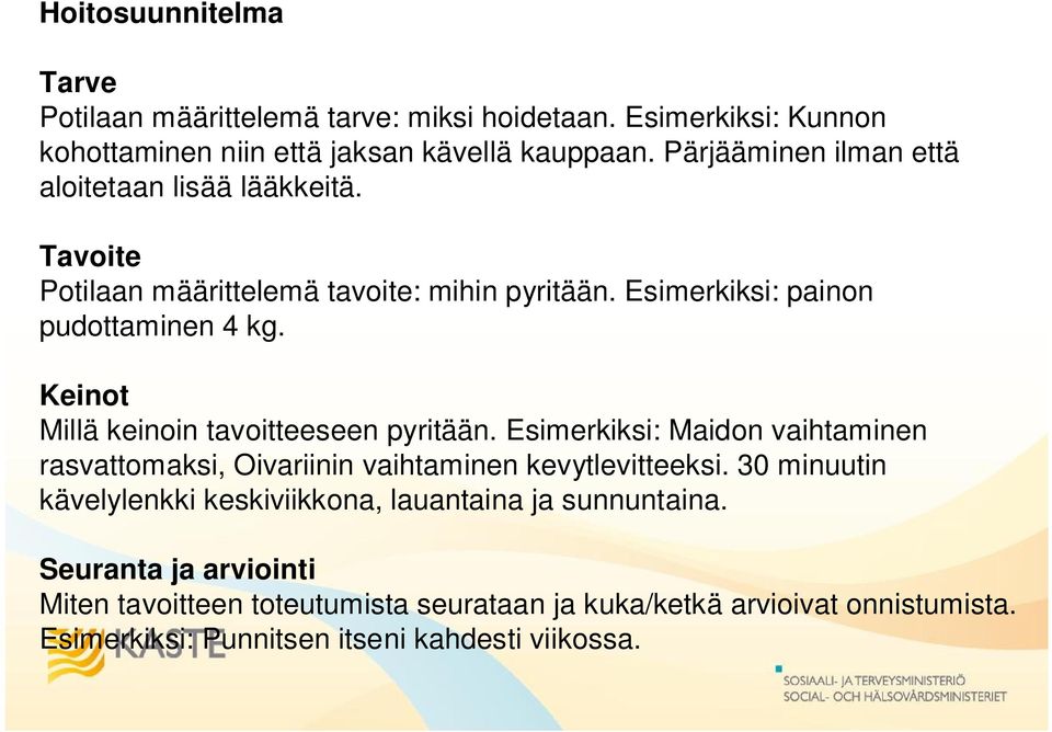 Keinot Millä keinoin tavoitteeseen pyritään. Esimerkiksi: Maidon vaihtaminen rasvattomaksi, Oivariinin vaihtaminen kevytlevitteeksi.