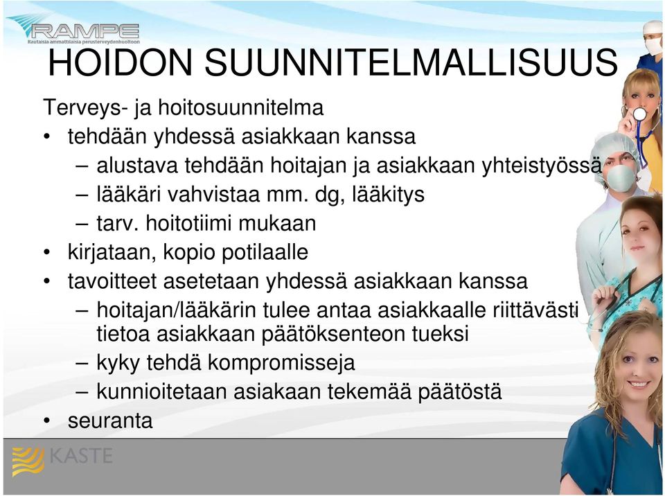 hoitotiimi mukaan kirjataan, kopio potilaalle tavoitteet asetetaan yhdessä asiakkaan kanssa hoitajan/lääkärin