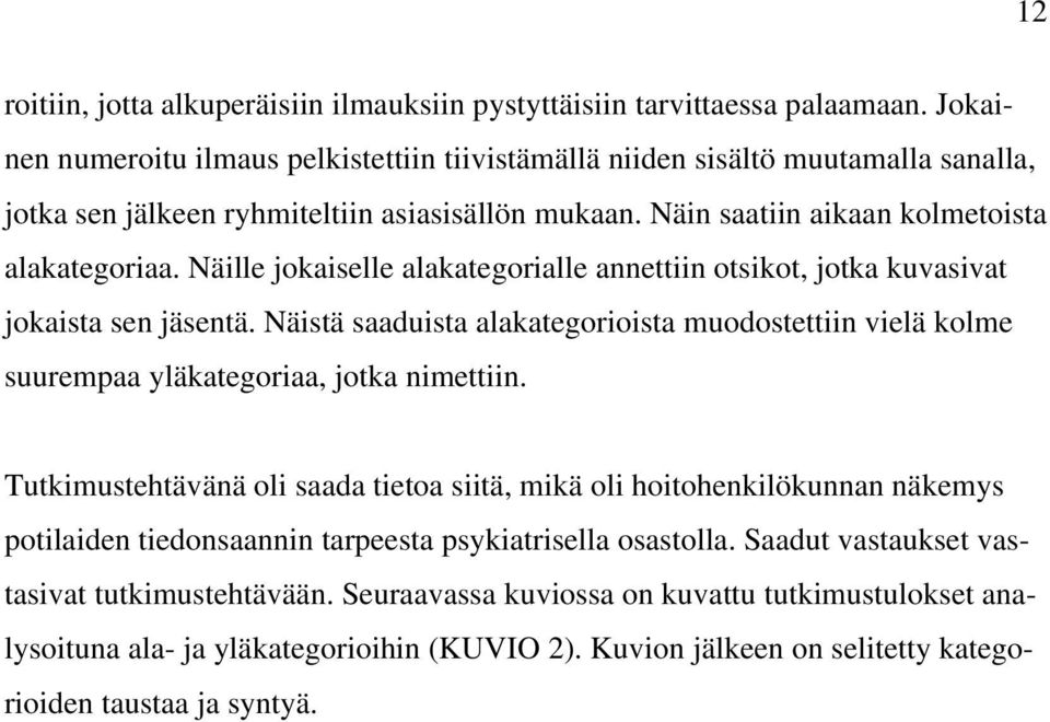 Näille jokaiselle alakategorialle annettiin otsikot, jotka kuvasivat jokaista sen jäsentä. Näistä saaduista alakategorioista muodostettiin vielä kolme suurempaa yläkategoriaa, jotka nimettiin.