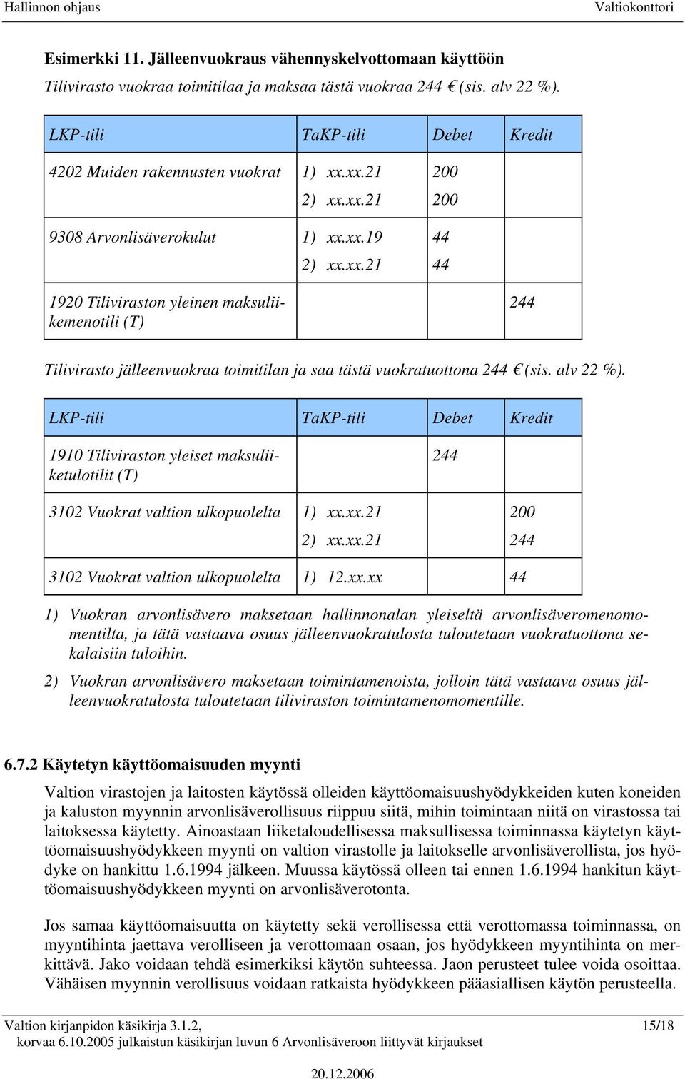 alv 22 %). 1910 Tiliviraston yleiset maksuliiketulotilit 244 3102 Vuokrat valtion ulkopuolelta 1) xx.