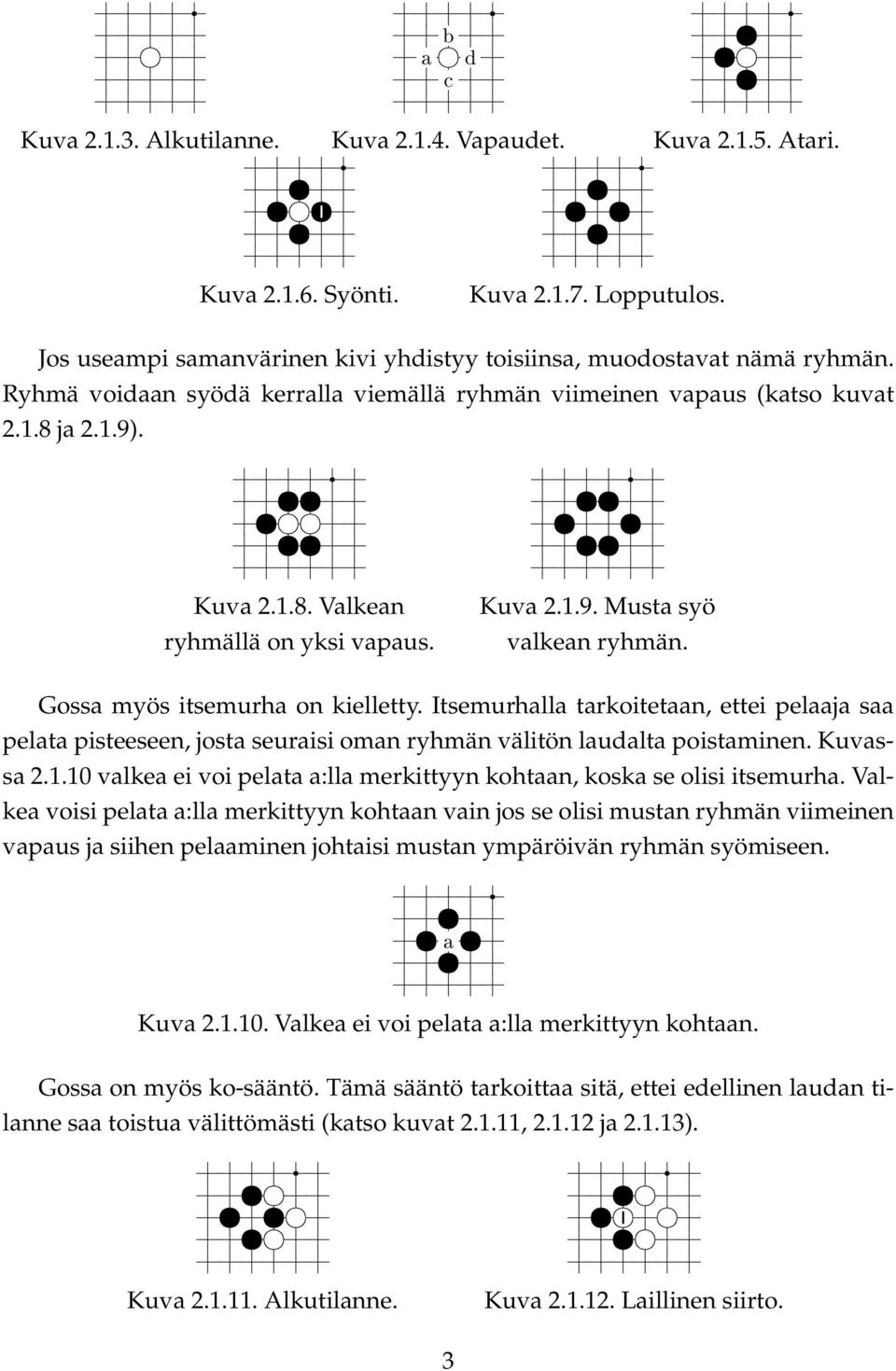 Gossa myös itsemurha on kielletty. Itsemurhalla tarkoitetaan, ettei pelaaja saa pelata pisteeseen, josta seuraisi oman ryhmän välitön laudalta poistaminen. Kuvassa 2.1.