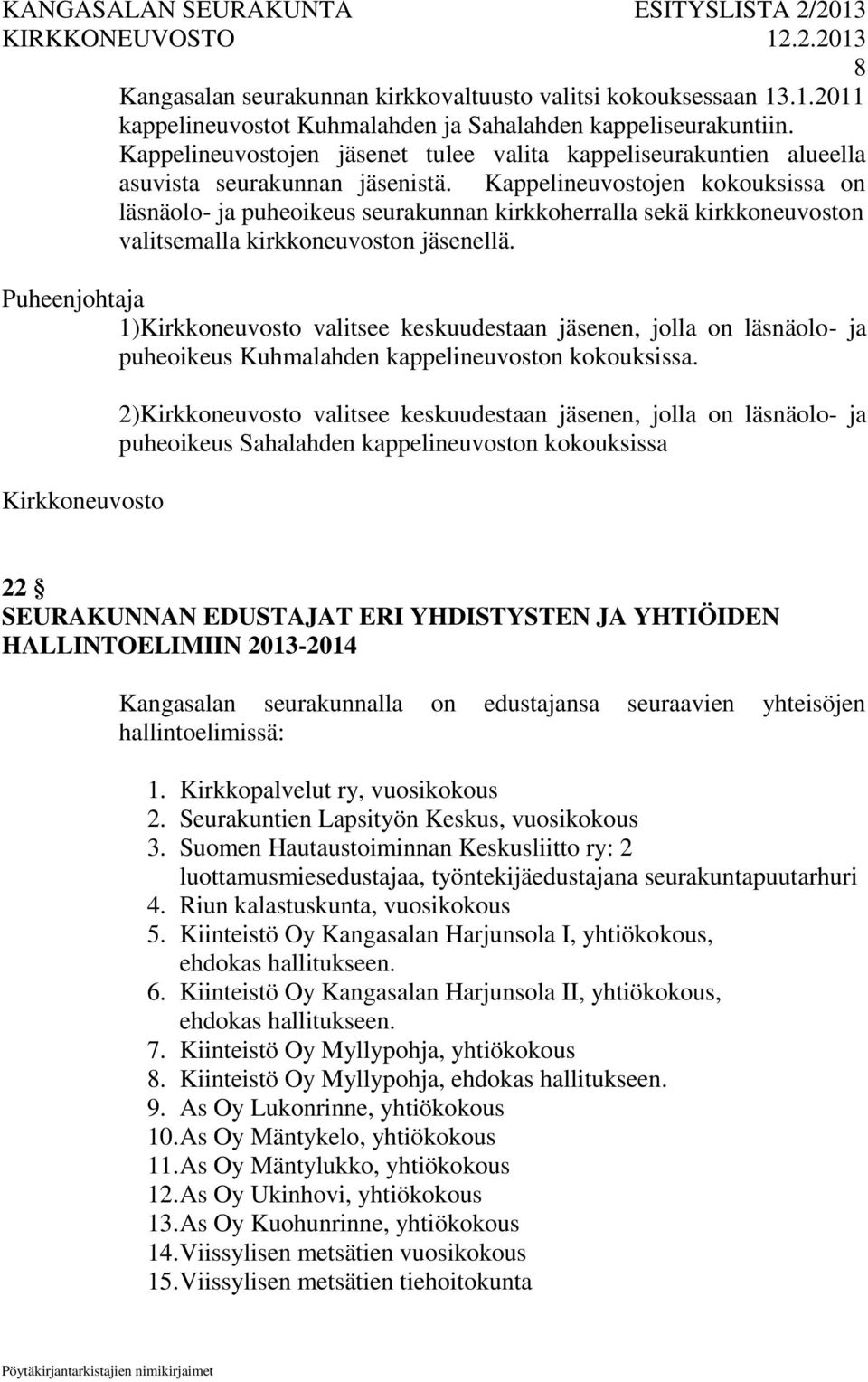 Kappelineuvostojen kokouksissa on läsnäolo- ja puheoikeus seurakunnan kirkkoherralla sekä kirkkoneuvoston valitsemalla kirkkoneuvoston jäsenellä.