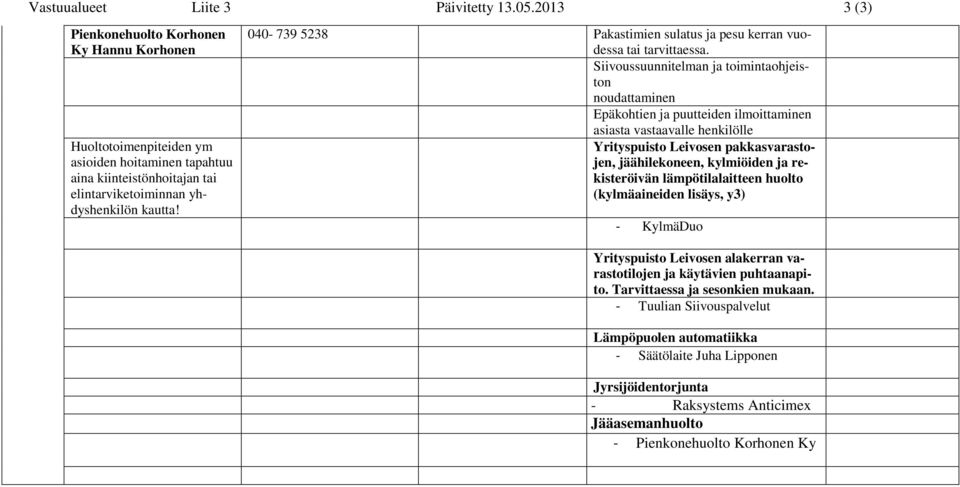 040-739 5238 Pakastimien sulatus ja pesu kerran vuodessa tai tarvittaessa.