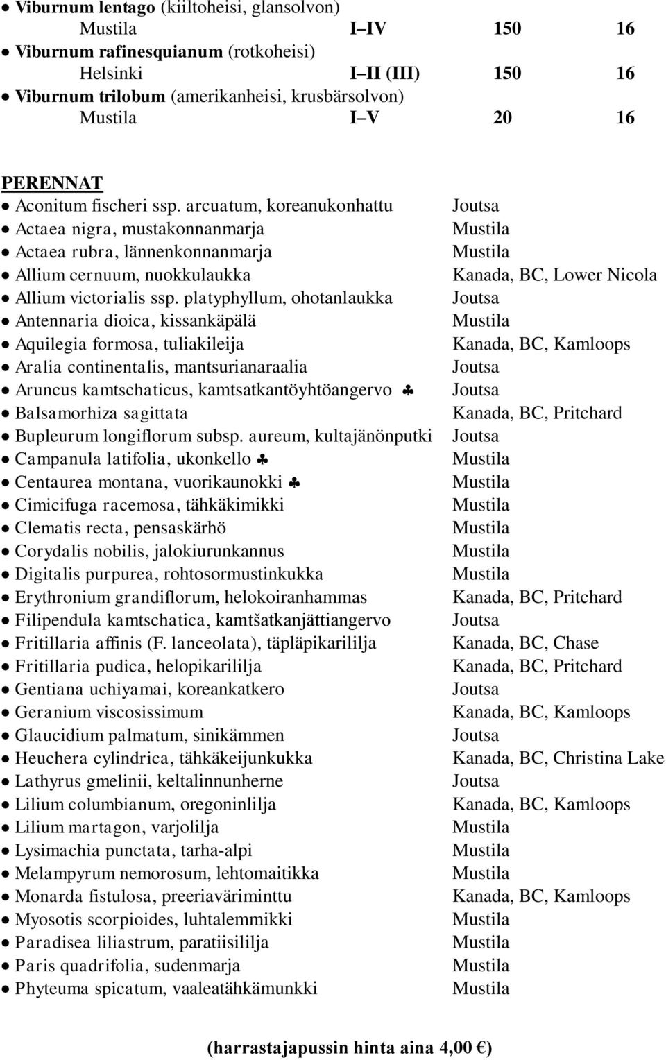 platyphyllum, ohotanlaukka Antennaria dioica, kissankäpälä Aquilegia formosa, tuliakileija Aralia continentalis, mantsurianaraalia Aruncus kamtschaticus, kamtsatkantöyhtöangervo Balsamorhiza