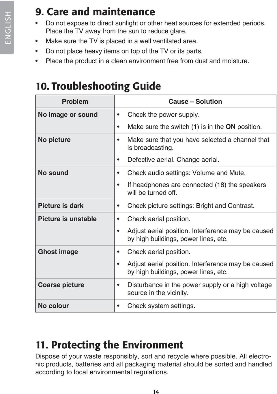 Troubleshooting Guide Problem Cause Solution No image or sound Check the power supply. Make sure the switch (1) is in the ON position.