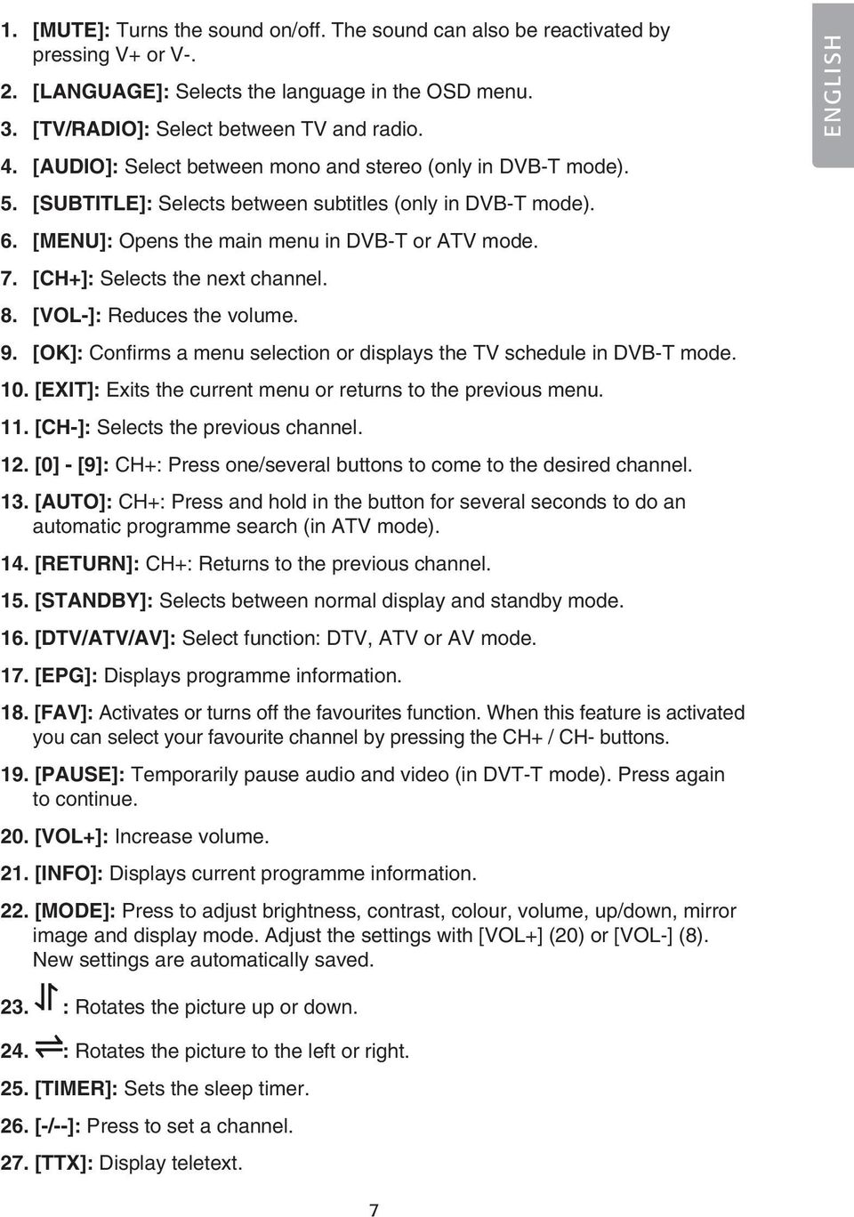 [CH+]: Selects the next channel. 8. [VOL-]: Reduces the volume. 9. [OK]: Confirms a menu selection or displays the TV schedule in DVB-T mode. 10.