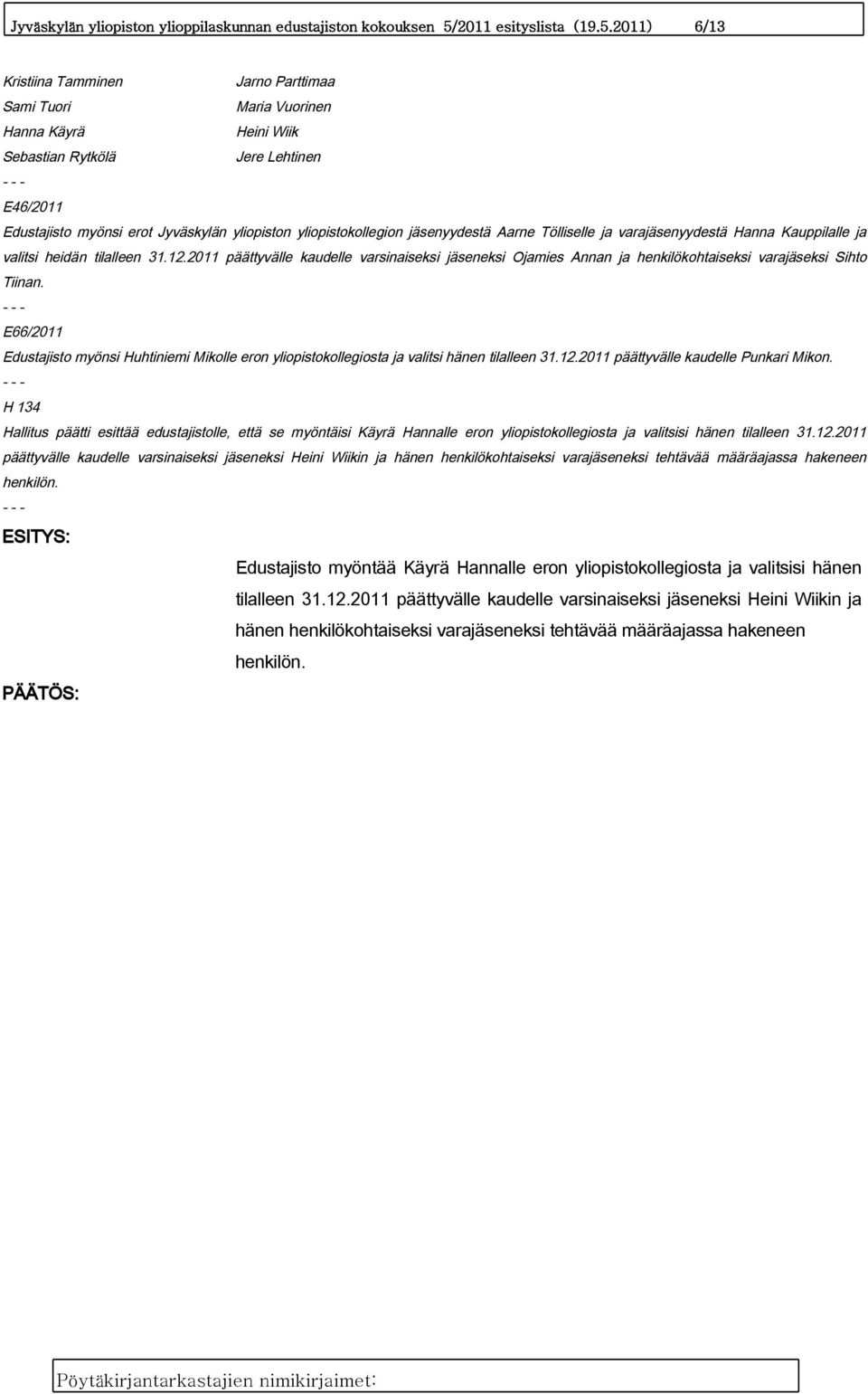 2011) 6/13 Kristiina Tamminen Jarno Parttimaa Sami Tuori Maria Vuorinen Hanna Käyrä Heini Wiik Sebastian Rytkölä Jere Lehtinen E46/2011 Edustajisto myönsi erot Jyväskylän yliopiston