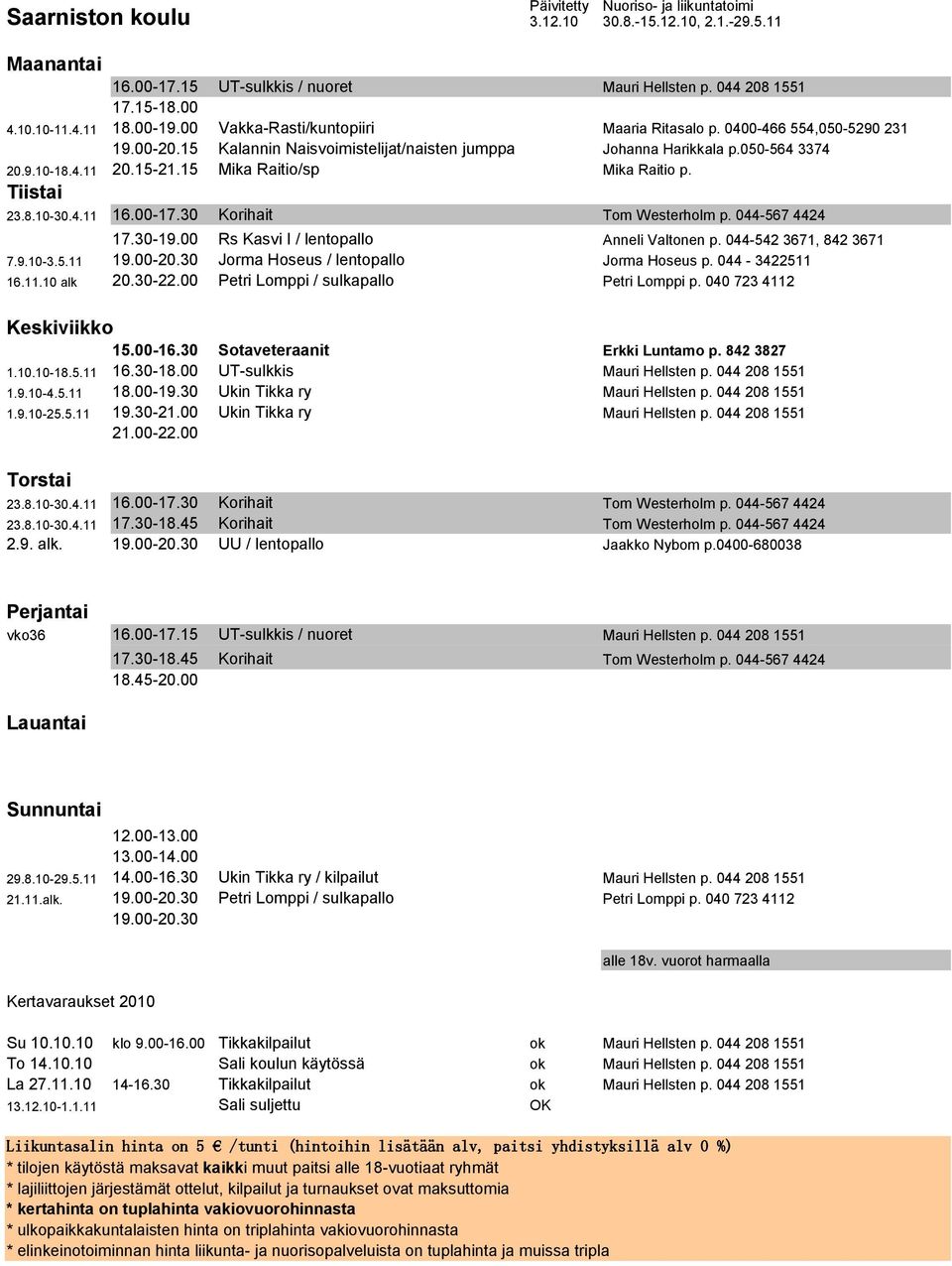 30 Korihait Tom Westerholm p. 044-567 4424 17.30-19.00 Rs Kasvi I / lentopallo Anneli Valtonen p. 044-542 3671, 842 3671 7.9.10-3.5.11 19.00-20.30 Jorma Hoseus / lentopallo Jorma Hoseus p.