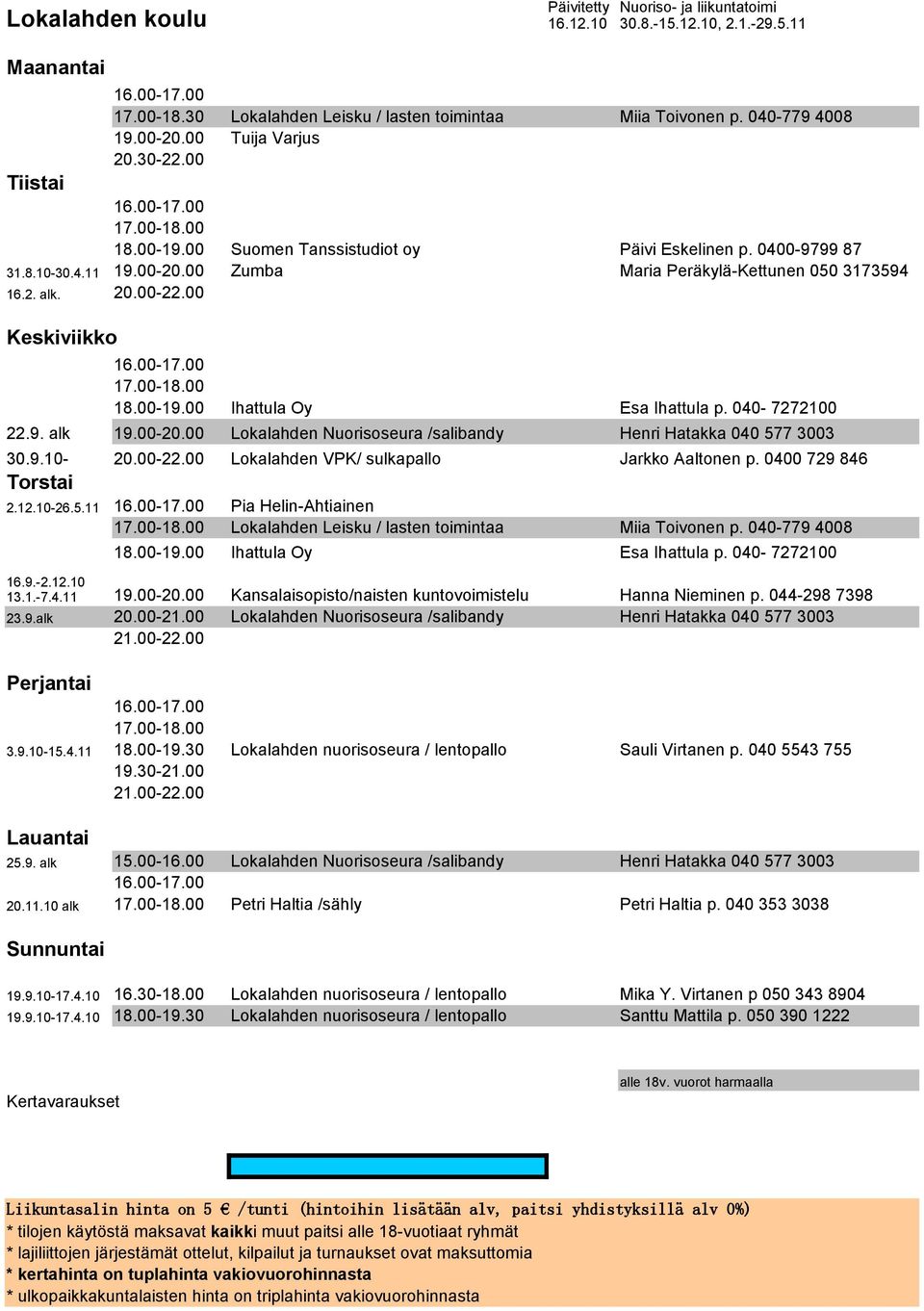 00 Ihattula Oy Esa Ihattula p. 040-7272100 22.9. alk 19.00-20.00 Lokalahden Nuorisoseura /salibandy Henri Hatakka 040 577 3003 30.9.10-20.00-22.00 Lokalahden VPK/ sulkapallo Jarkko Aaltonen p.