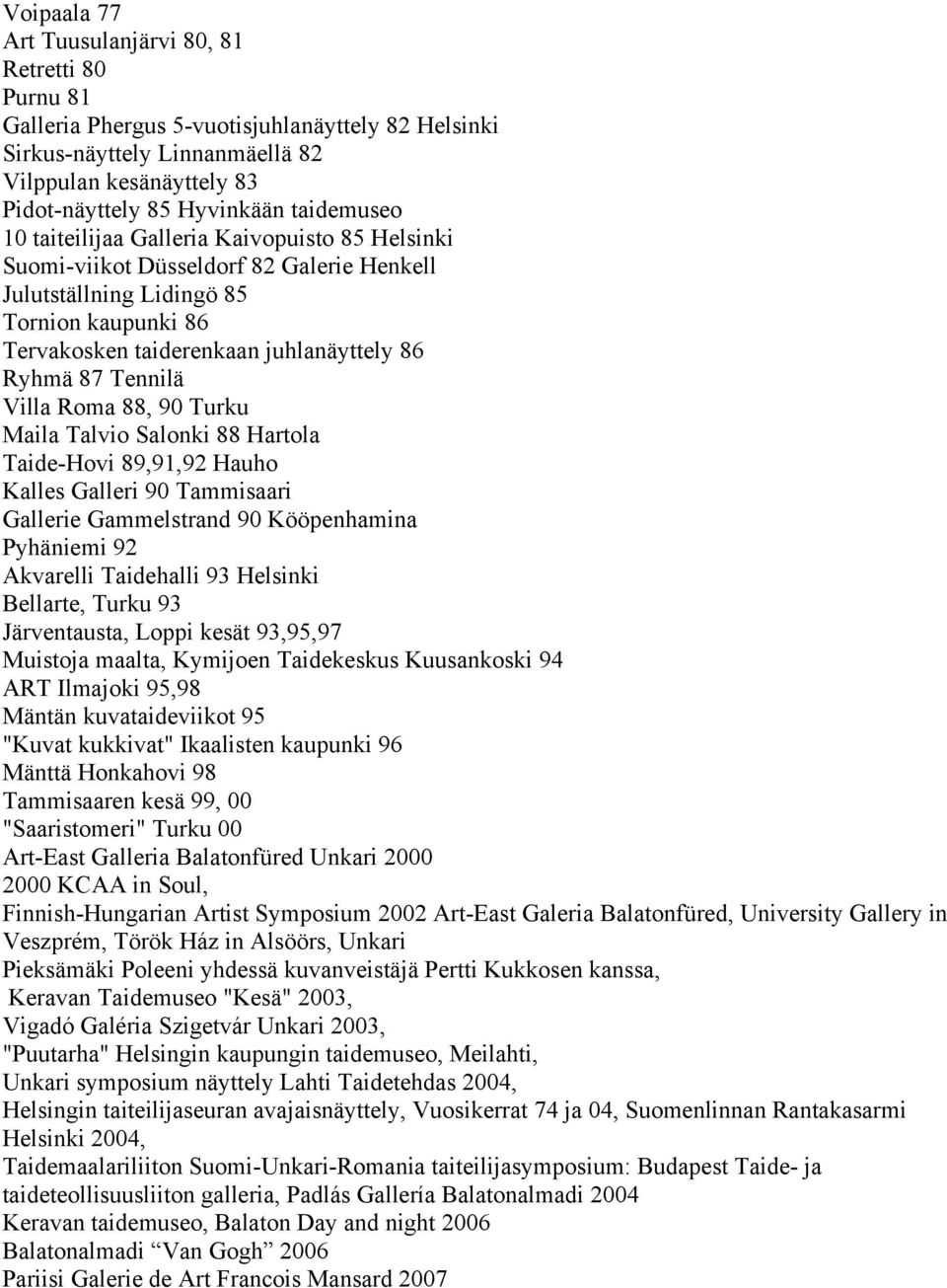 Tennilä Villa Roma 88, 90 Turku Maila Talvio Salonki 88 Hartola Taide-Hovi 89,91,92 Hauho Kalles Galleri 90 Tammisaari Gallerie Gammelstrand 90 Kööpenhamina Pyhäniemi 92 Akvarelli Taidehalli 93